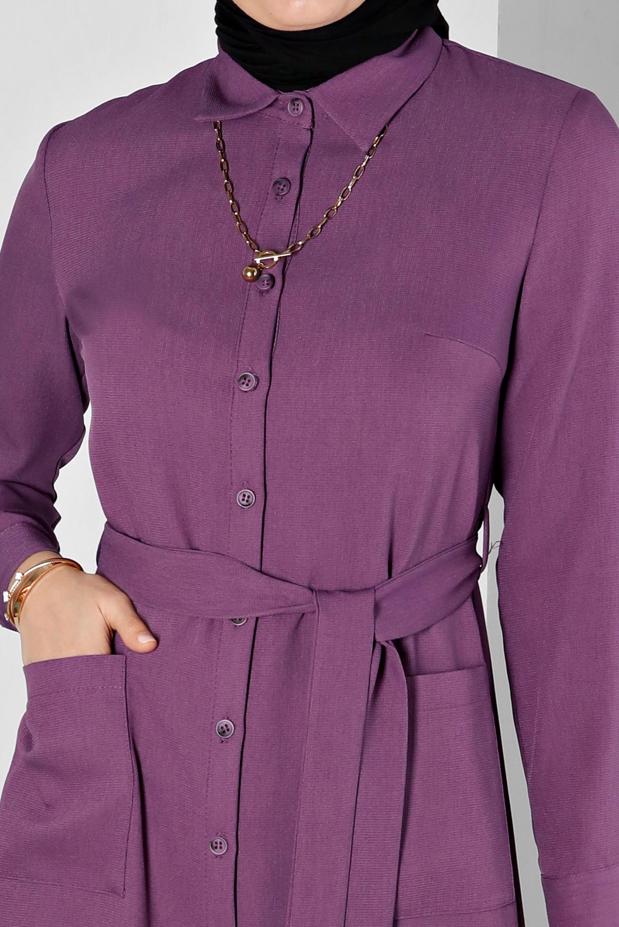 Tesettür giyim MOR DÜĞMELİ KUŞAKLI TUNİK 43385
