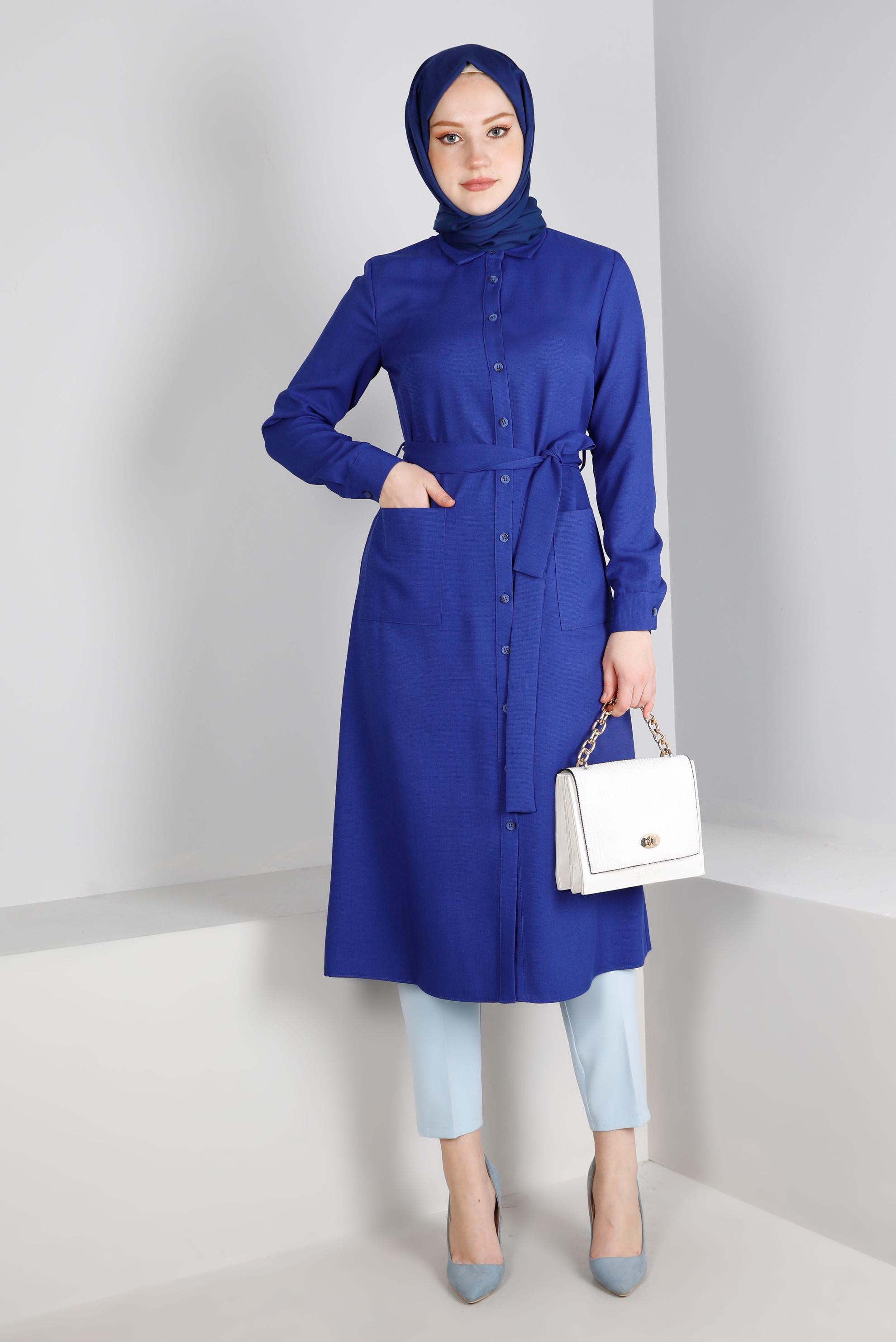 Tesettür giyim LACİVERT DÜĞMELİ KUŞAKLI TUNİK 43385