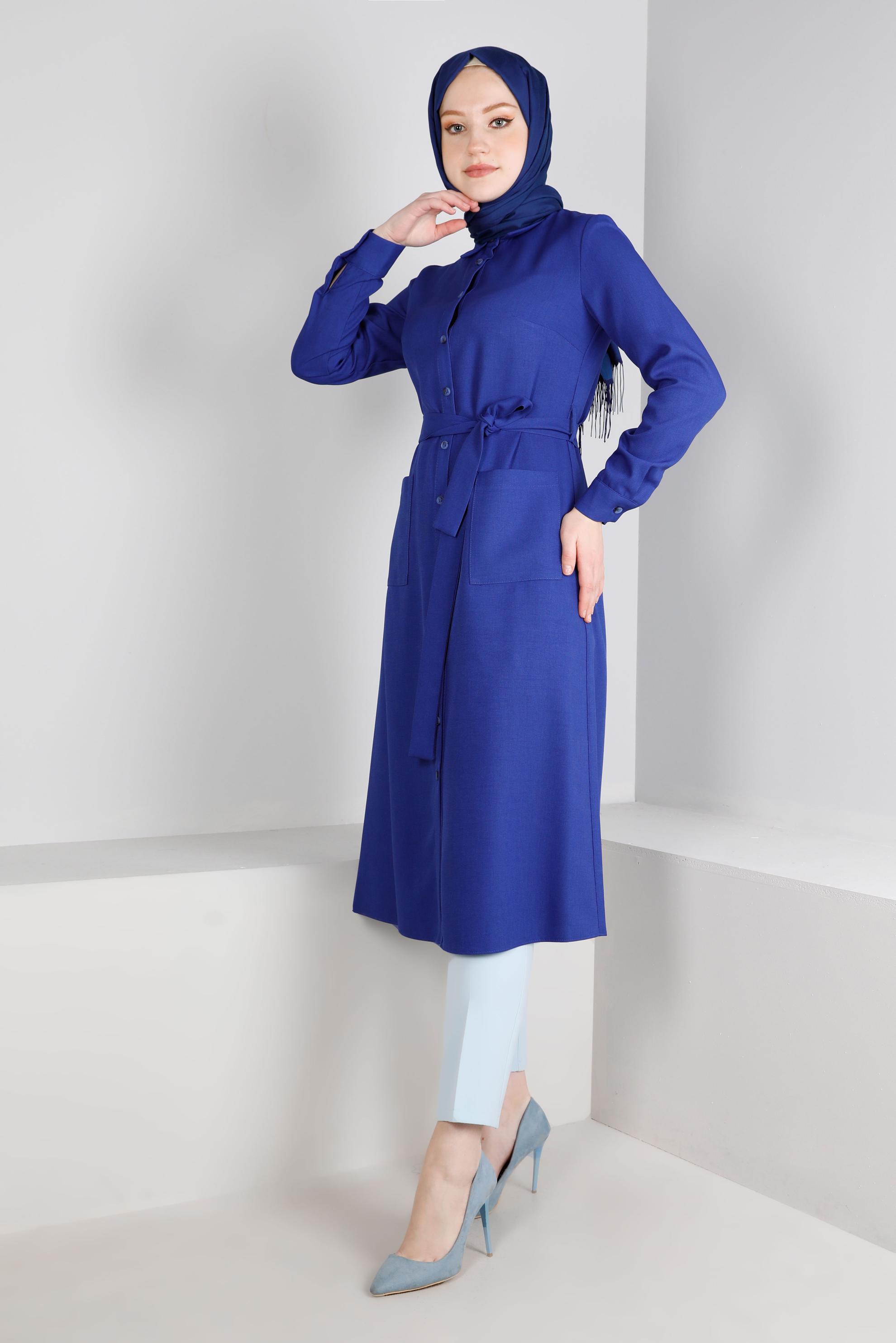 Tesettür giyim LACİVERT DÜĞMELİ KUŞAKLI TUNİK 43385