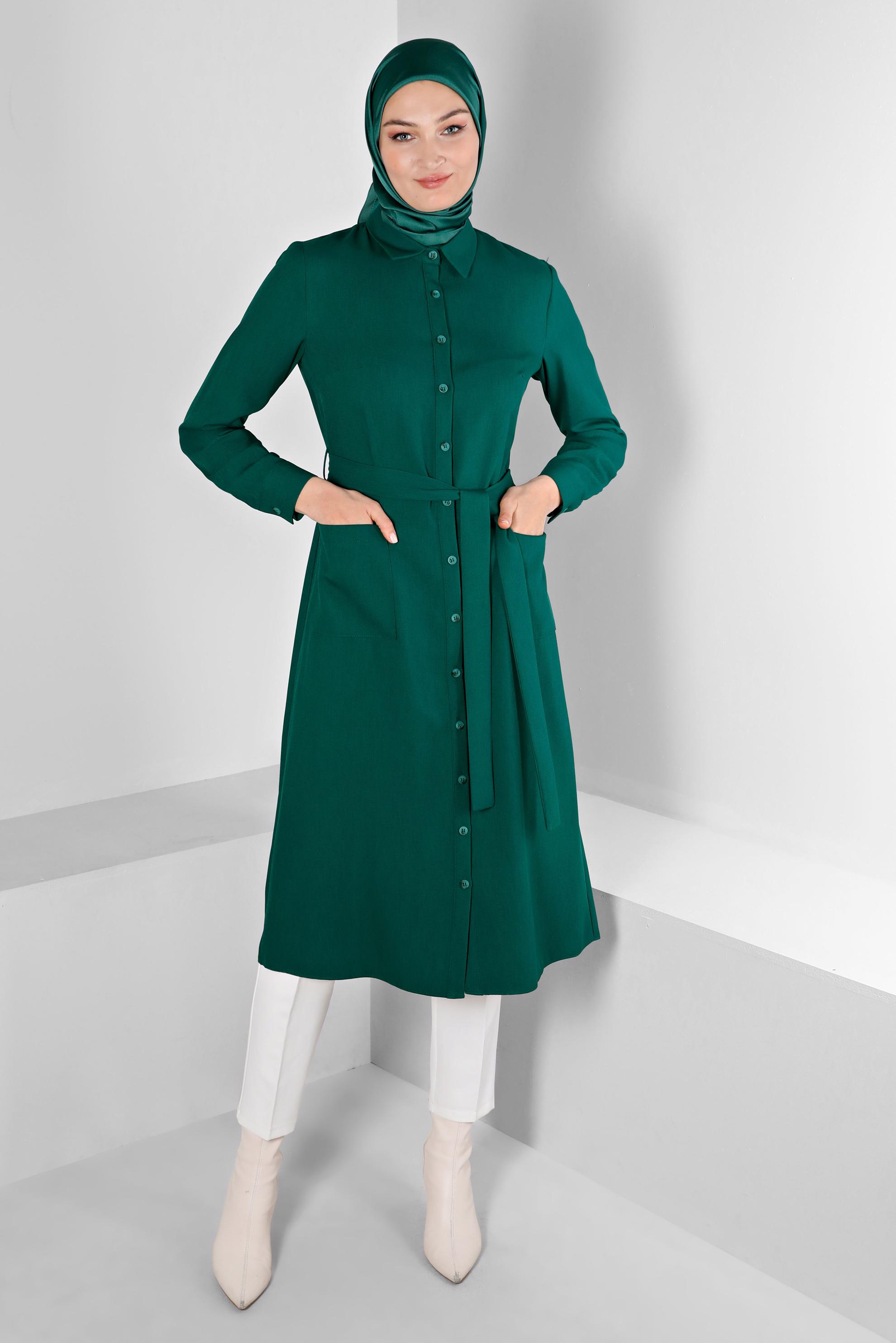 Tesettür giyim YEŞİL DÜĞMELİ KUŞAKLI TUNİK 43385