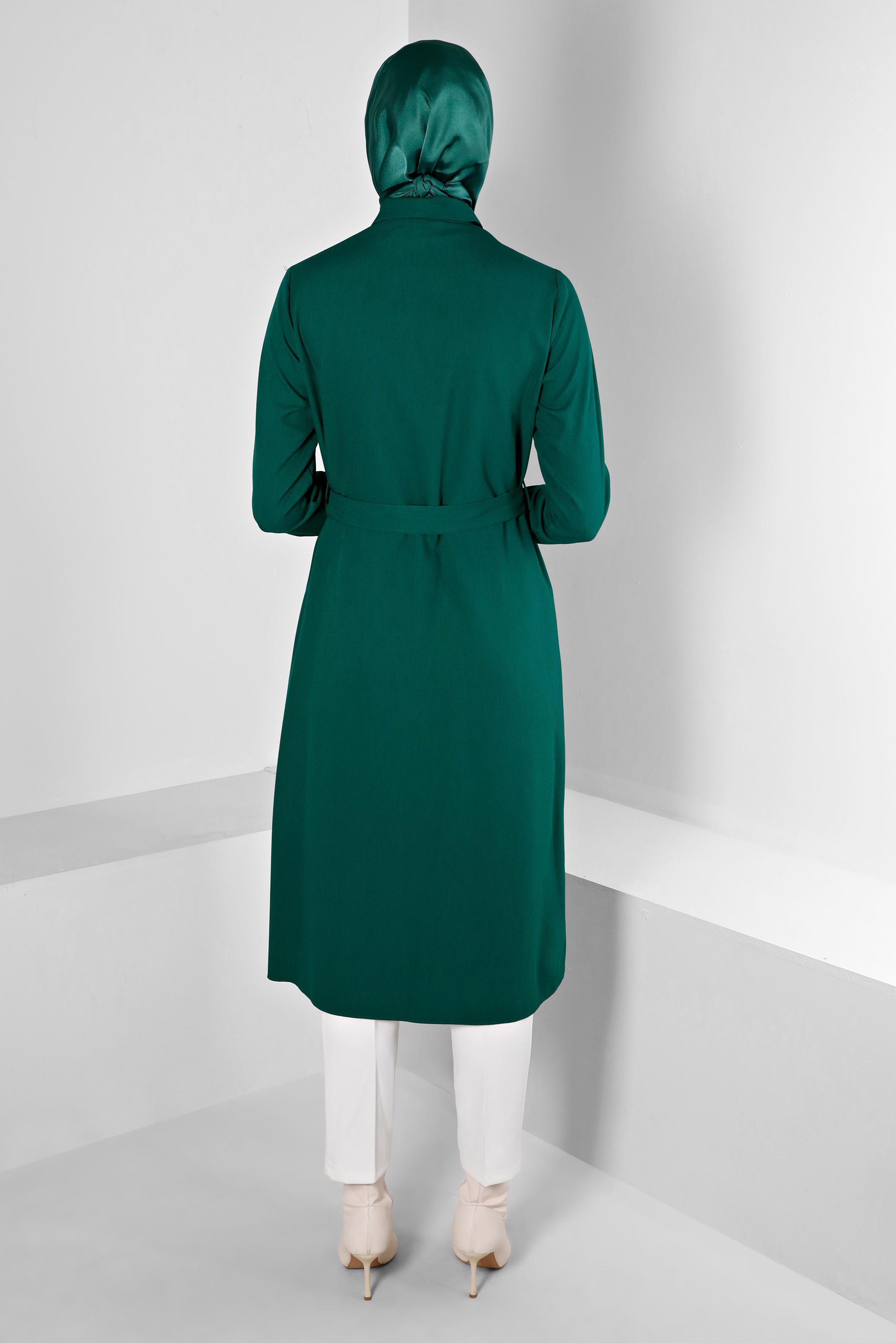 Tesettür giyim YEŞİL DÜĞMELİ KUŞAKLI TUNİK 43385