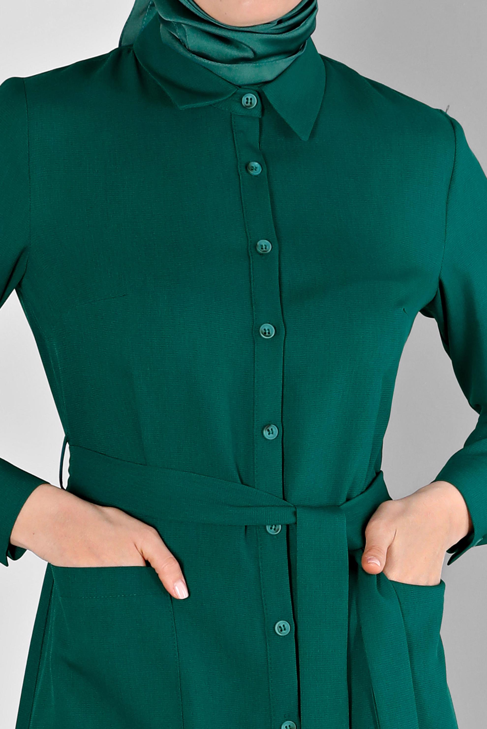 Tesettür giyim YEŞİL DÜĞMELİ KUŞAKLI TUNİK 43385