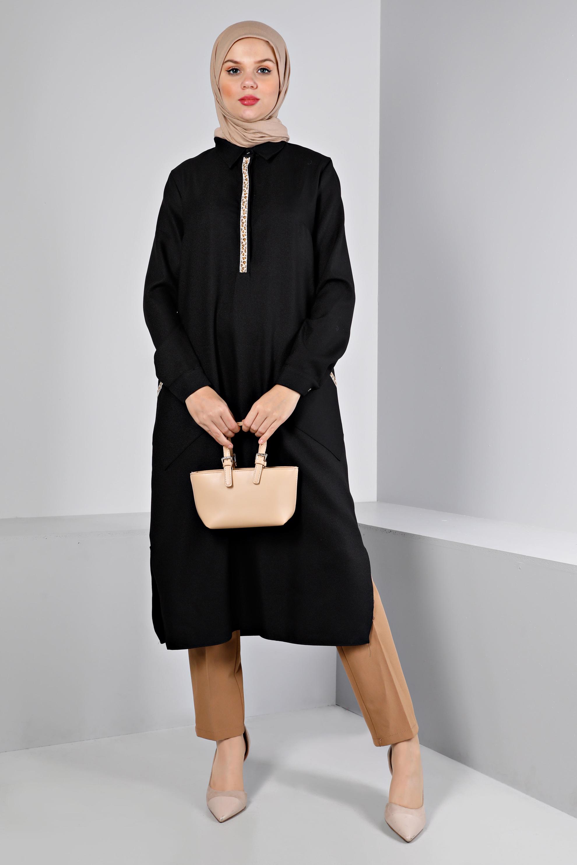 Tesettür giyim SİYAH LEOPAR DESEN DETAYLI TUNİK 43390