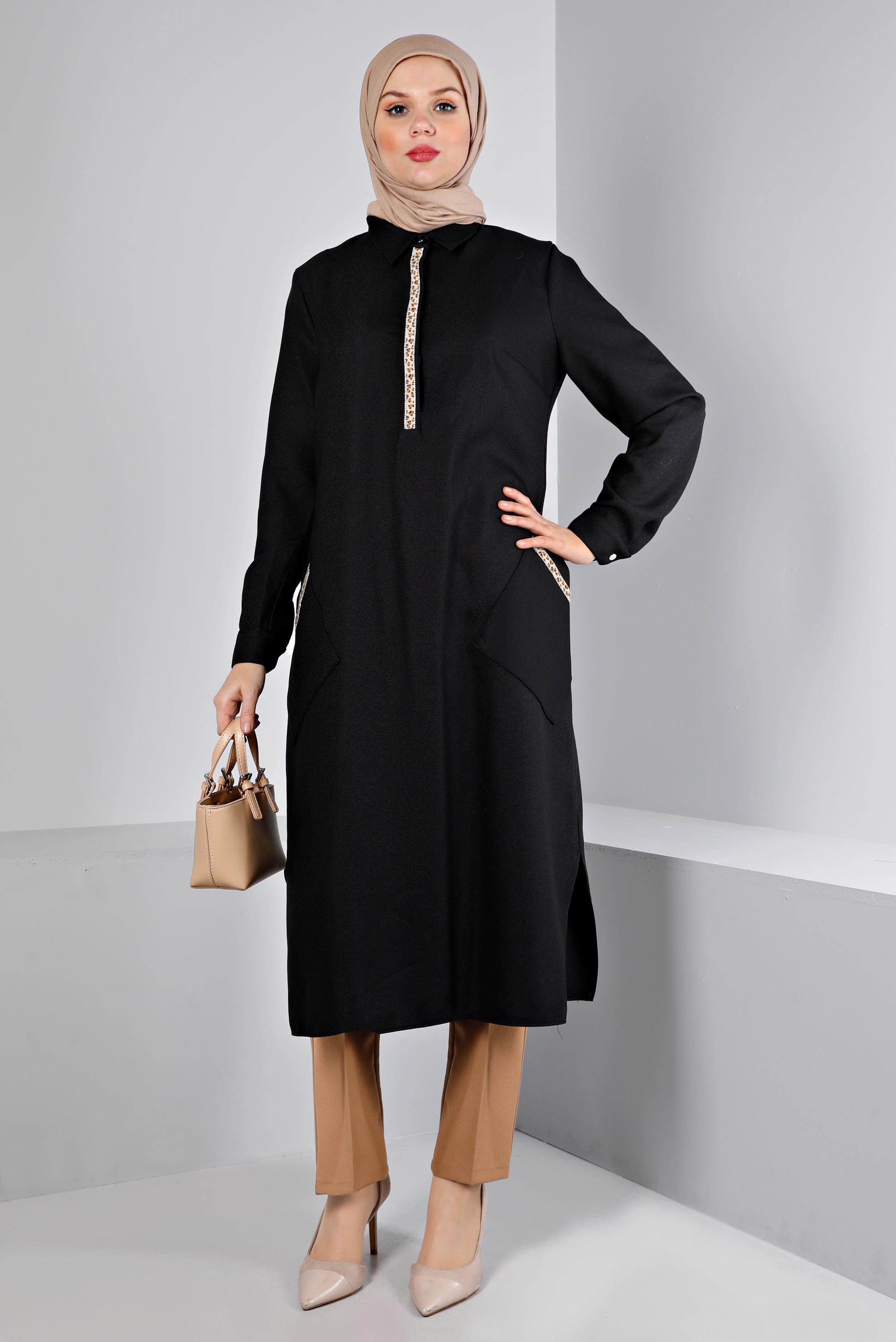 Tesettür giyim SİYAH LEOPAR DESEN DETAYLI TUNİK 43390