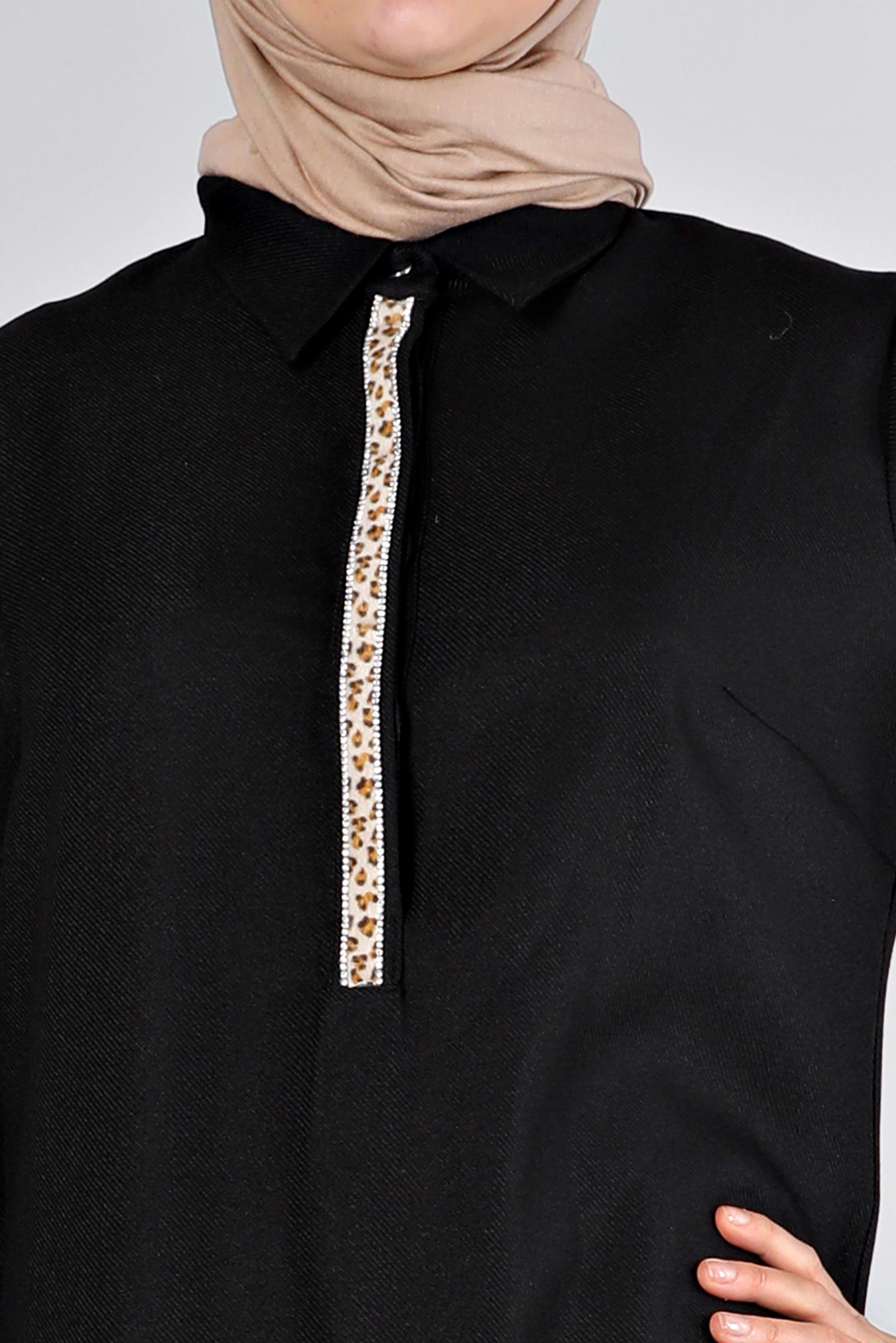 Tesettür giyim SİYAH LEOPAR DESEN DETAYLI TUNİK 43390