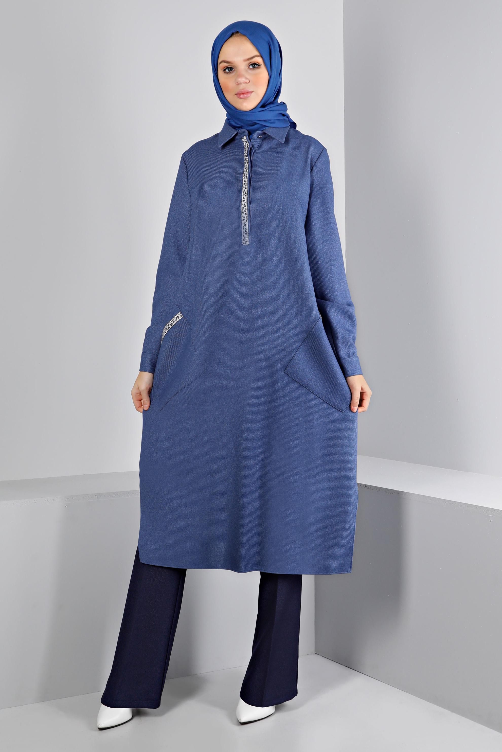 Tesettür giyim LACİVERT LEOPAR DESEN DETAYLI TUNİK 43390