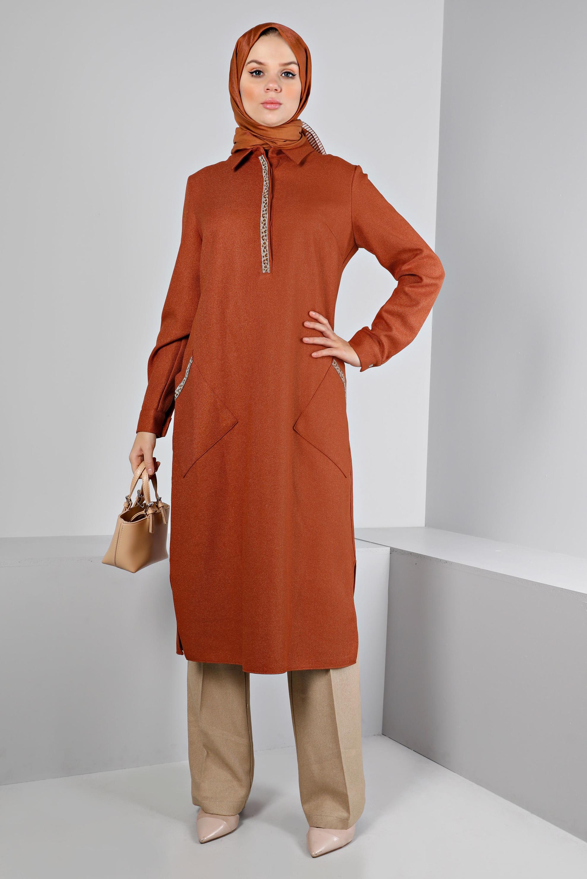 Tesettür giyim TURUNCU LEOPAR DESEN DETAYLI TUNİK 43390