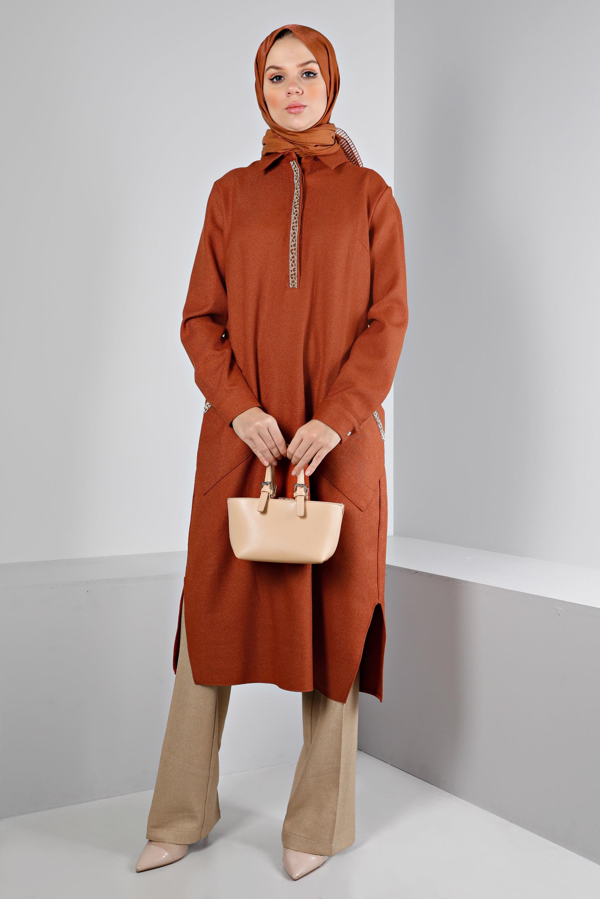 Tesettür giyim TURUNCU LEOPAR DESEN DETAYLI TUNİK 43390