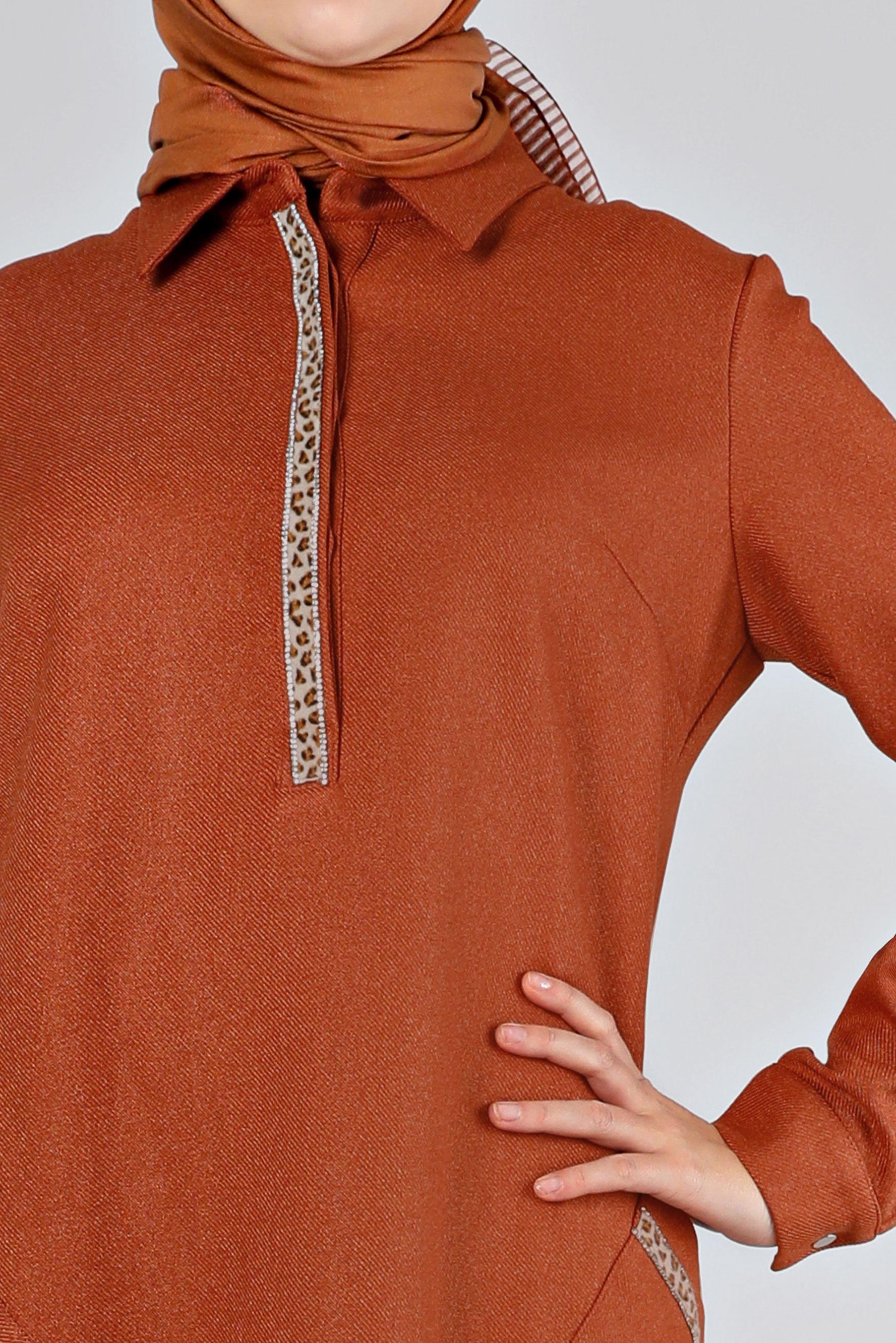 Tesettür giyim TURUNCU LEOPAR DESEN DETAYLI TUNİK 43390