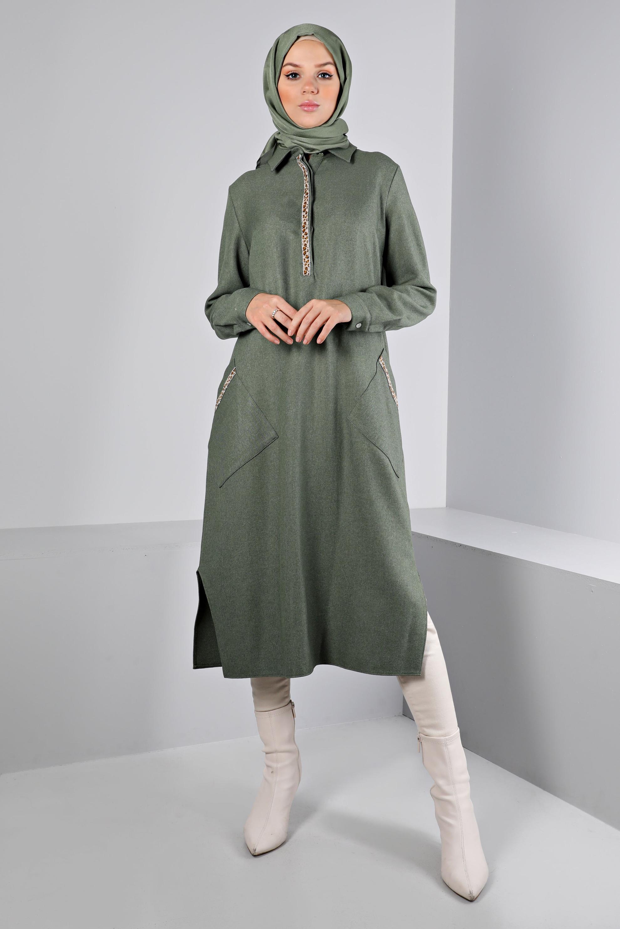 Tesettür giyim YEŞİL LEOPAR DESEN DETAYLI TUNİK 43390