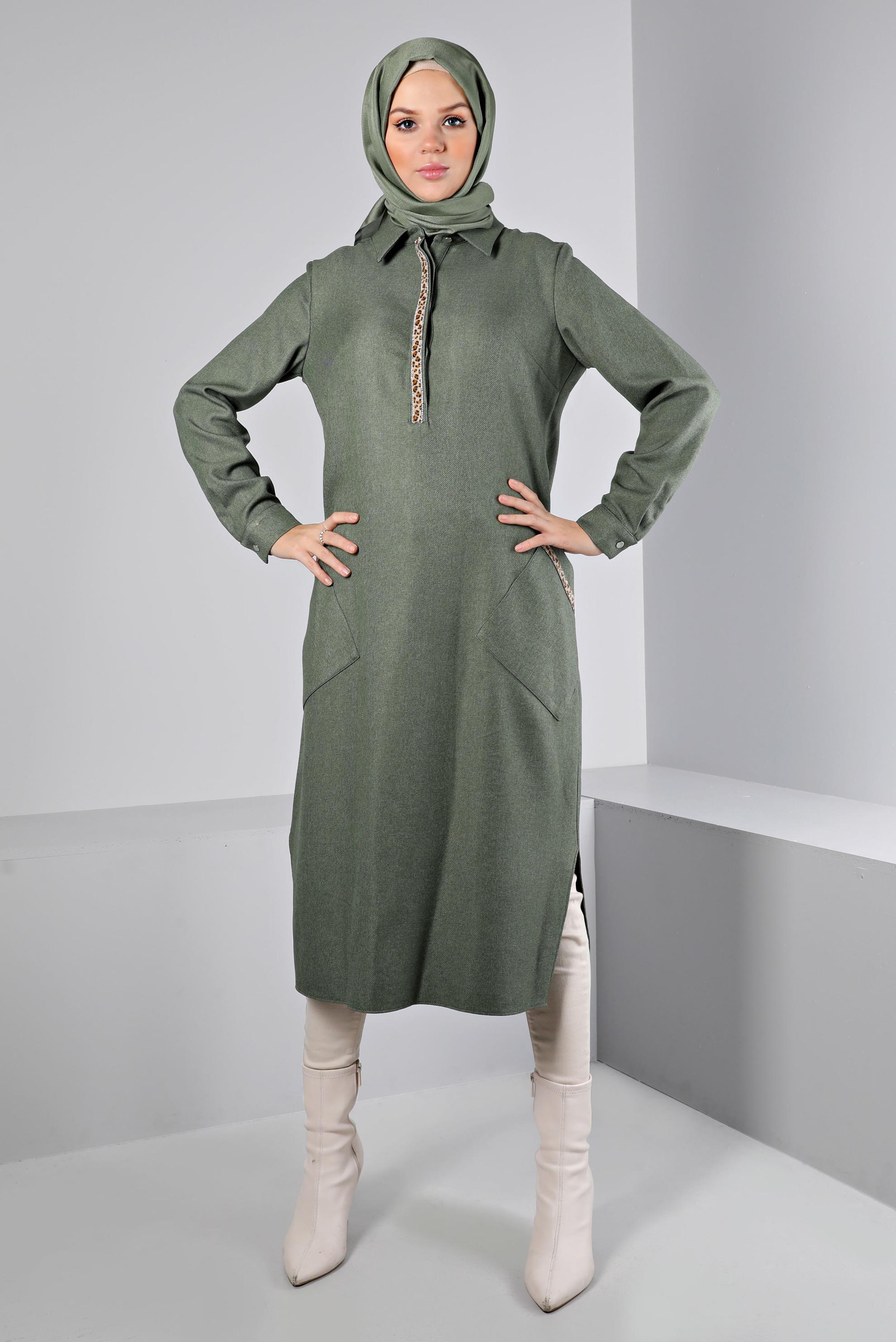 Tesettür giyim YEŞİL LEOPAR DESEN DETAYLI TUNİK 43390