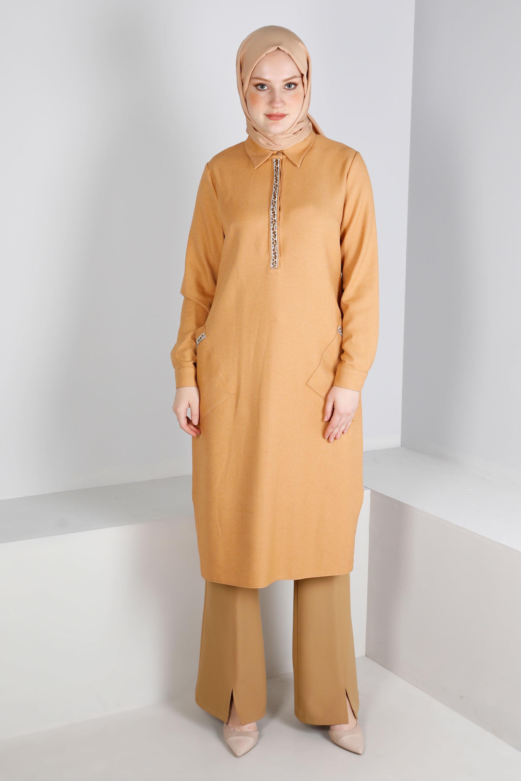 Tesettür giyim TURUNCU LEOPAR DESEN DETAYLI TUNİK 43390