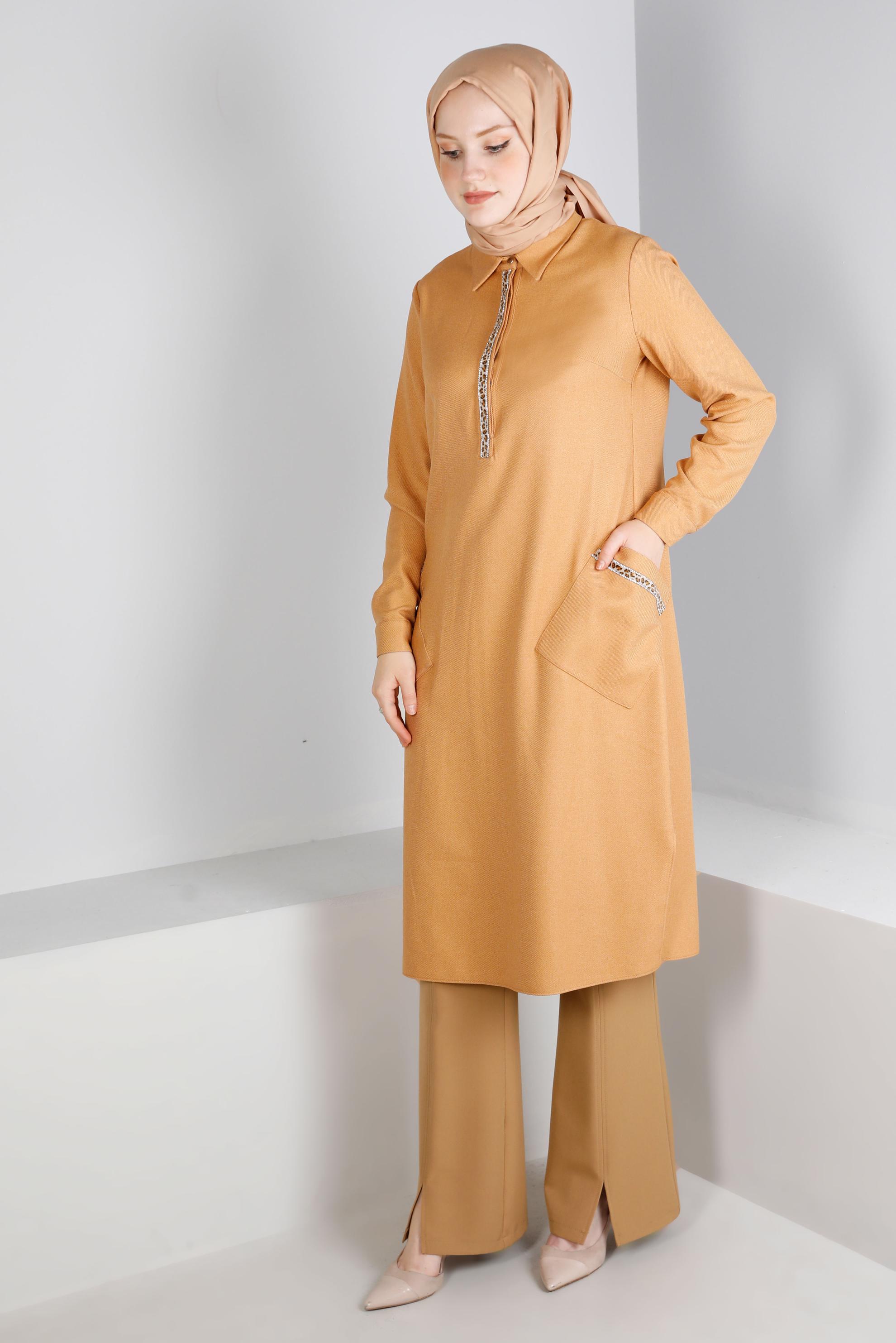 Tesettür giyim TURUNCU LEOPAR DESEN DETAYLI TUNİK 43390