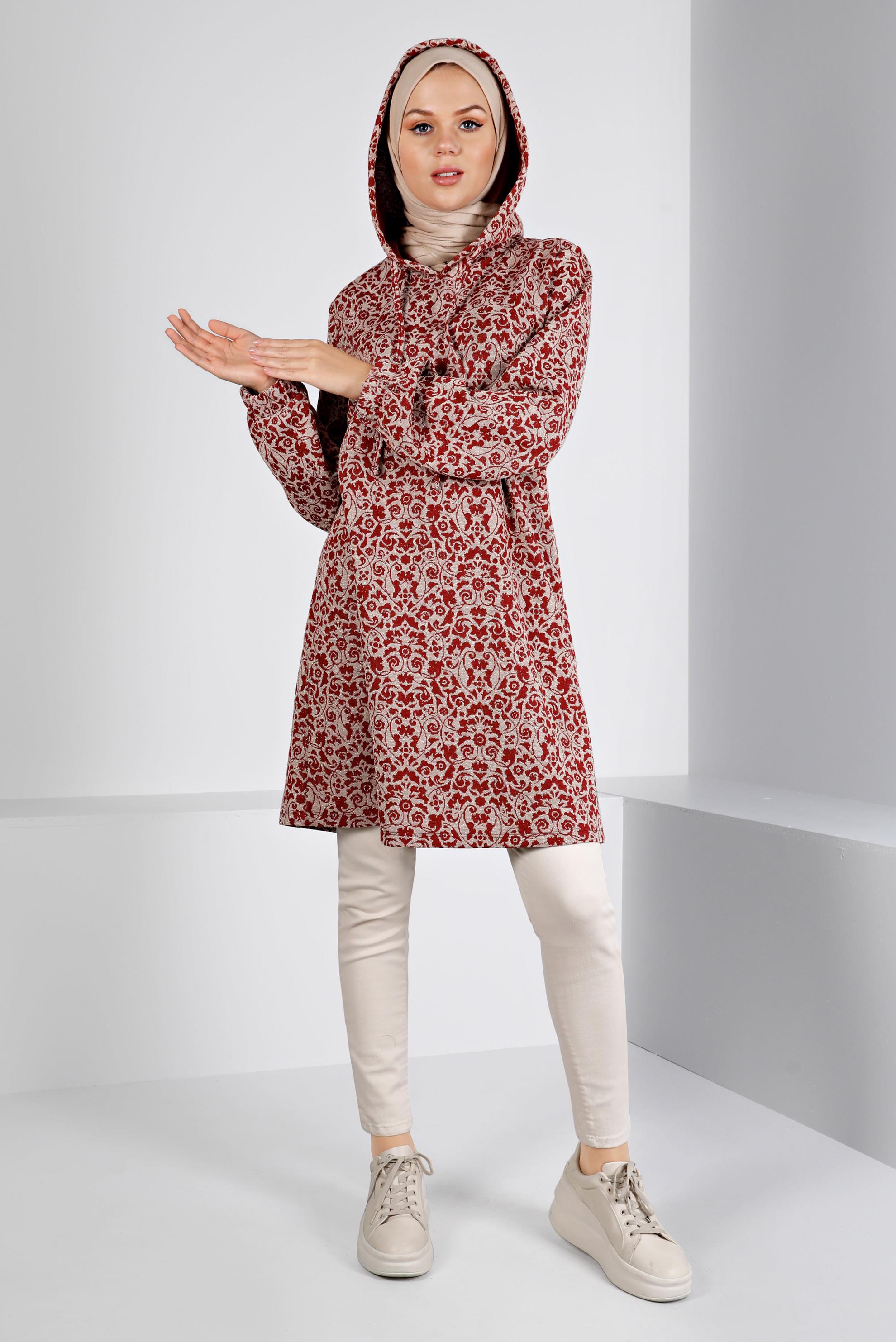 Tesettür giyim BORDO ETNİK DESENLİ TRİKO TUNİK 43391-1 