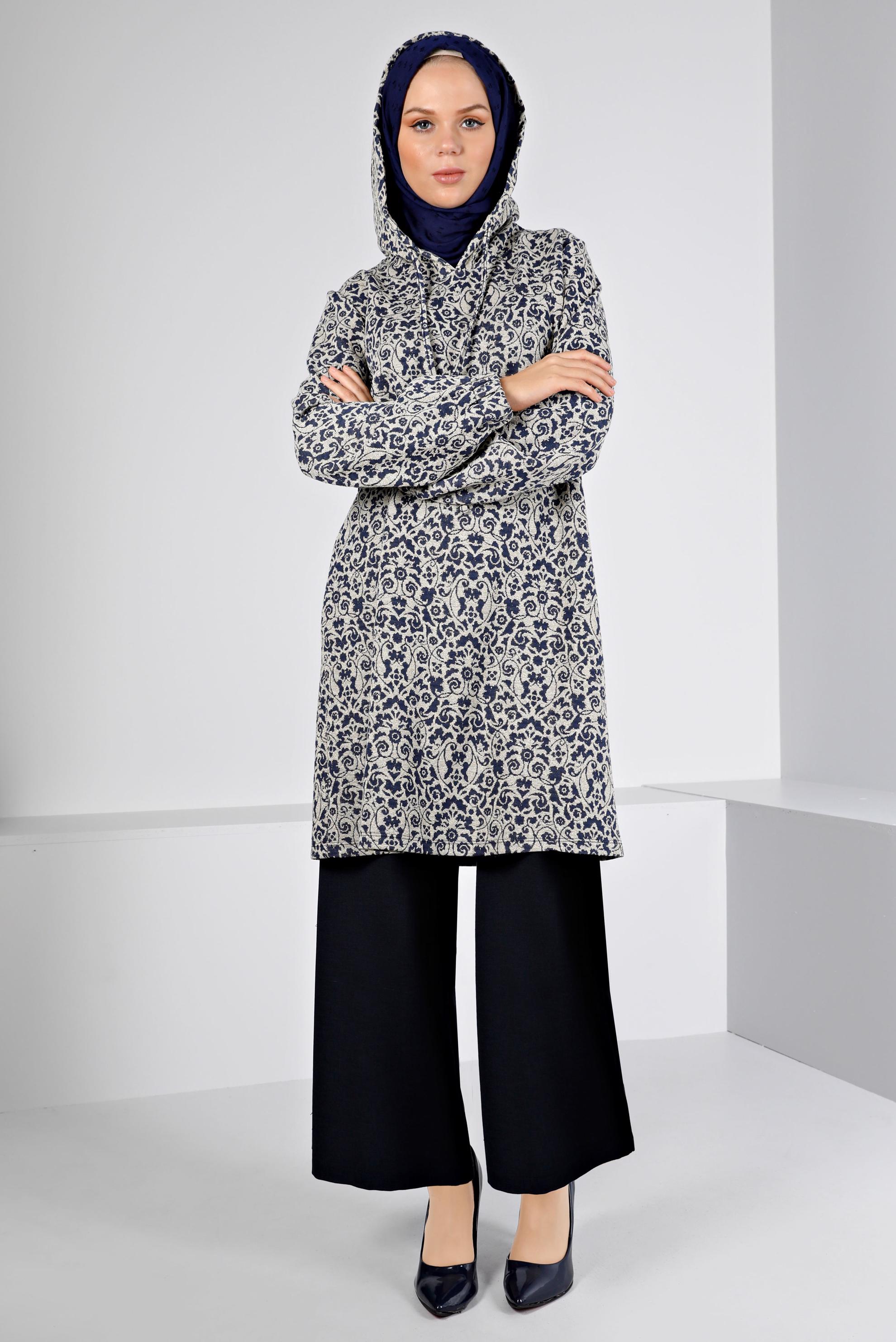 Tesettür giyim LACİVERT ETNİK DESENLİ TRİKO TUNİK 43391-1 