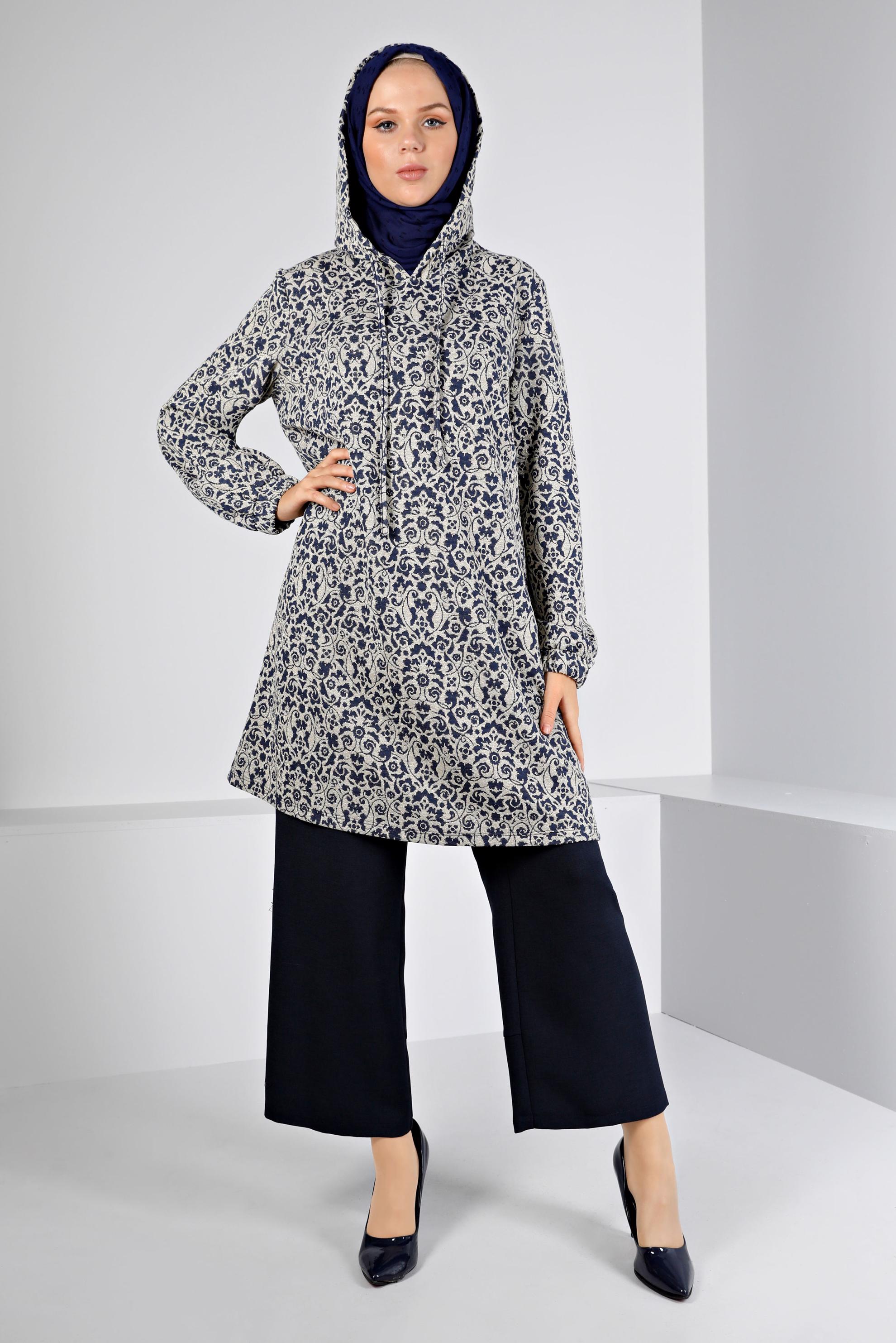 Tesettür giyim LACİVERT ETNİK DESENLİ TRİKO TUNİK 43391-1 