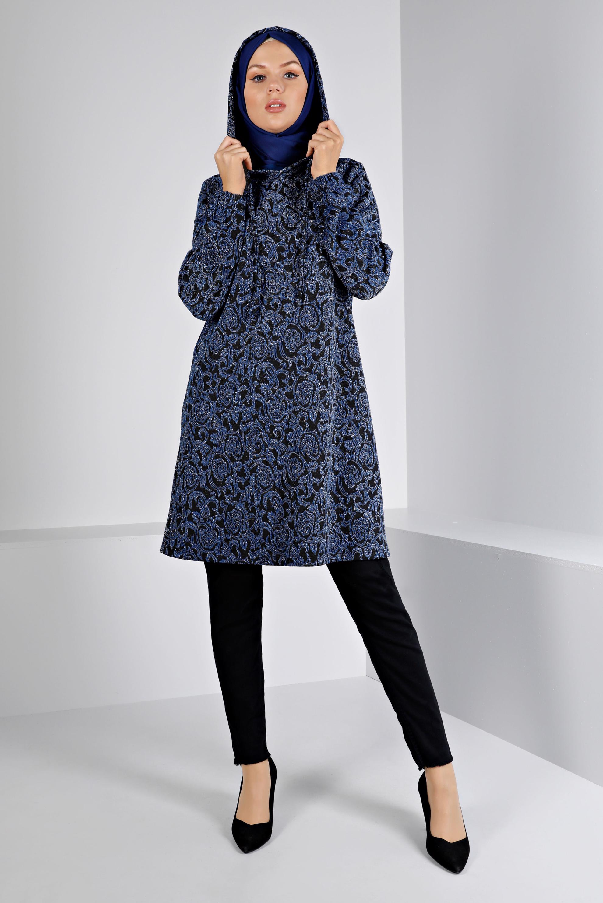 Tesettür giyim LACİVERT ETNİK DESENLİ TRİKO TUNİK 43391-1 