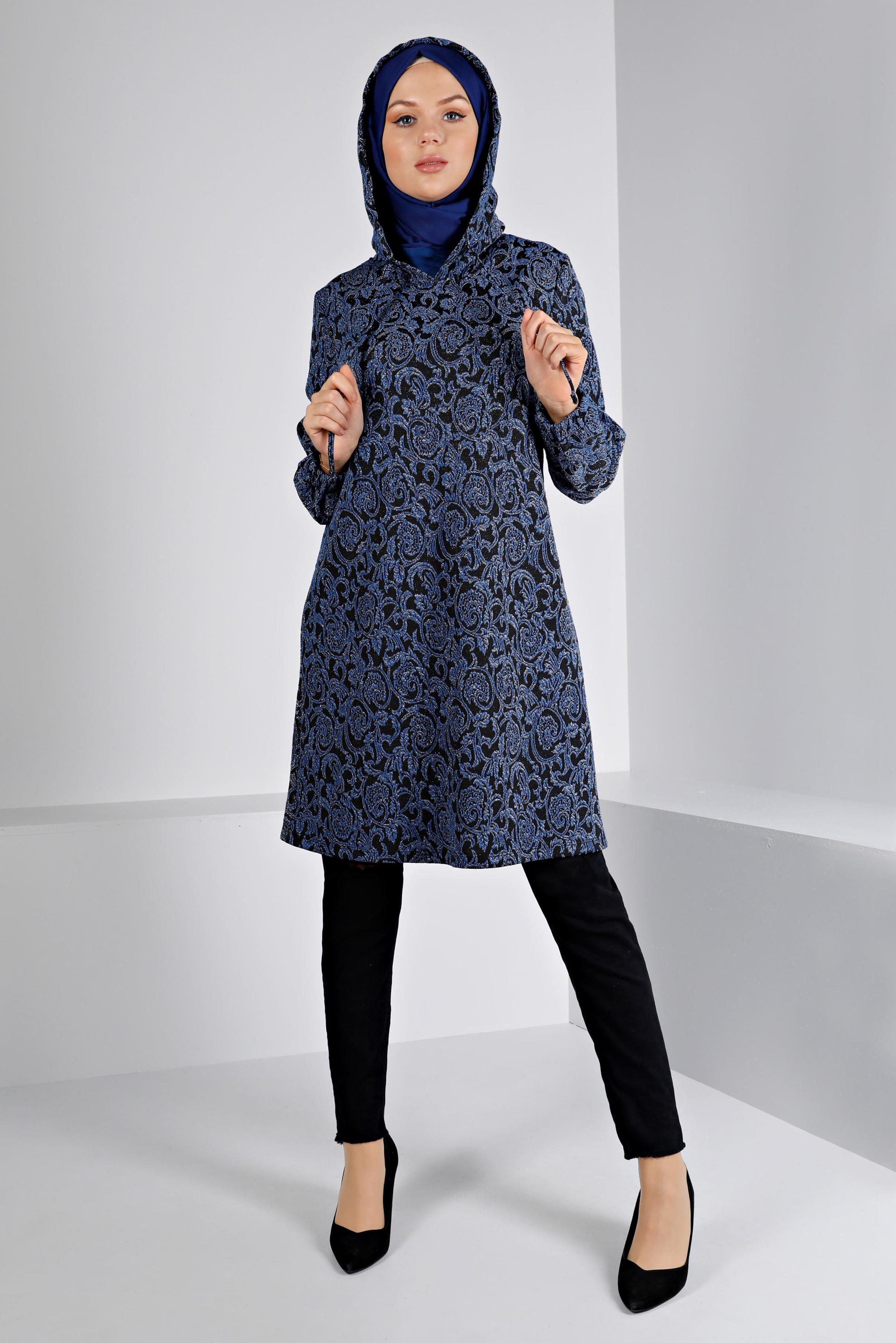 Tesettür giyim LACİVERT ETNİK DESENLİ TRİKO TUNİK 43391-1 