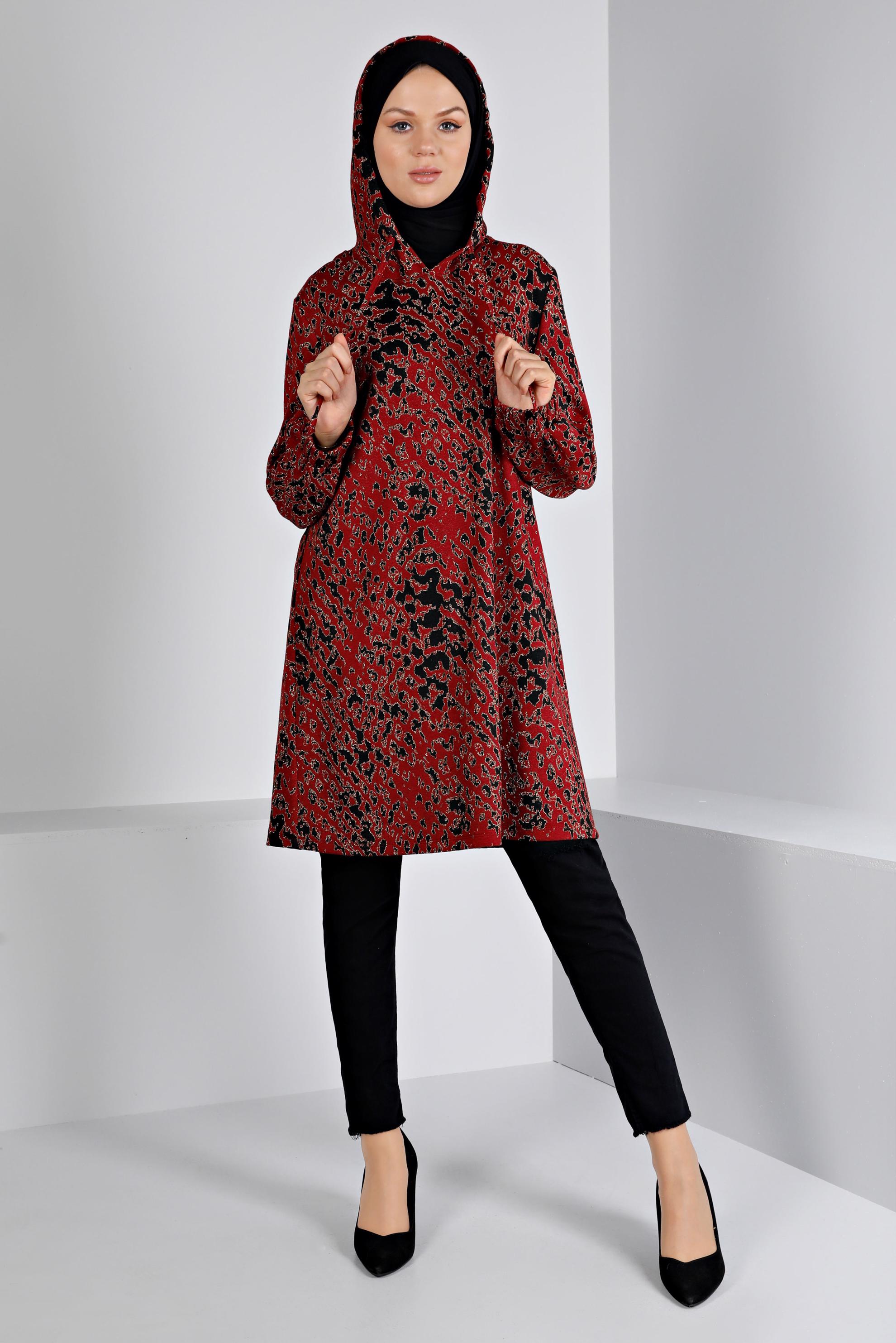 Tesettür giyim BORDO ETNİK DESENLİ TRİKO TUNİK 43391-1 