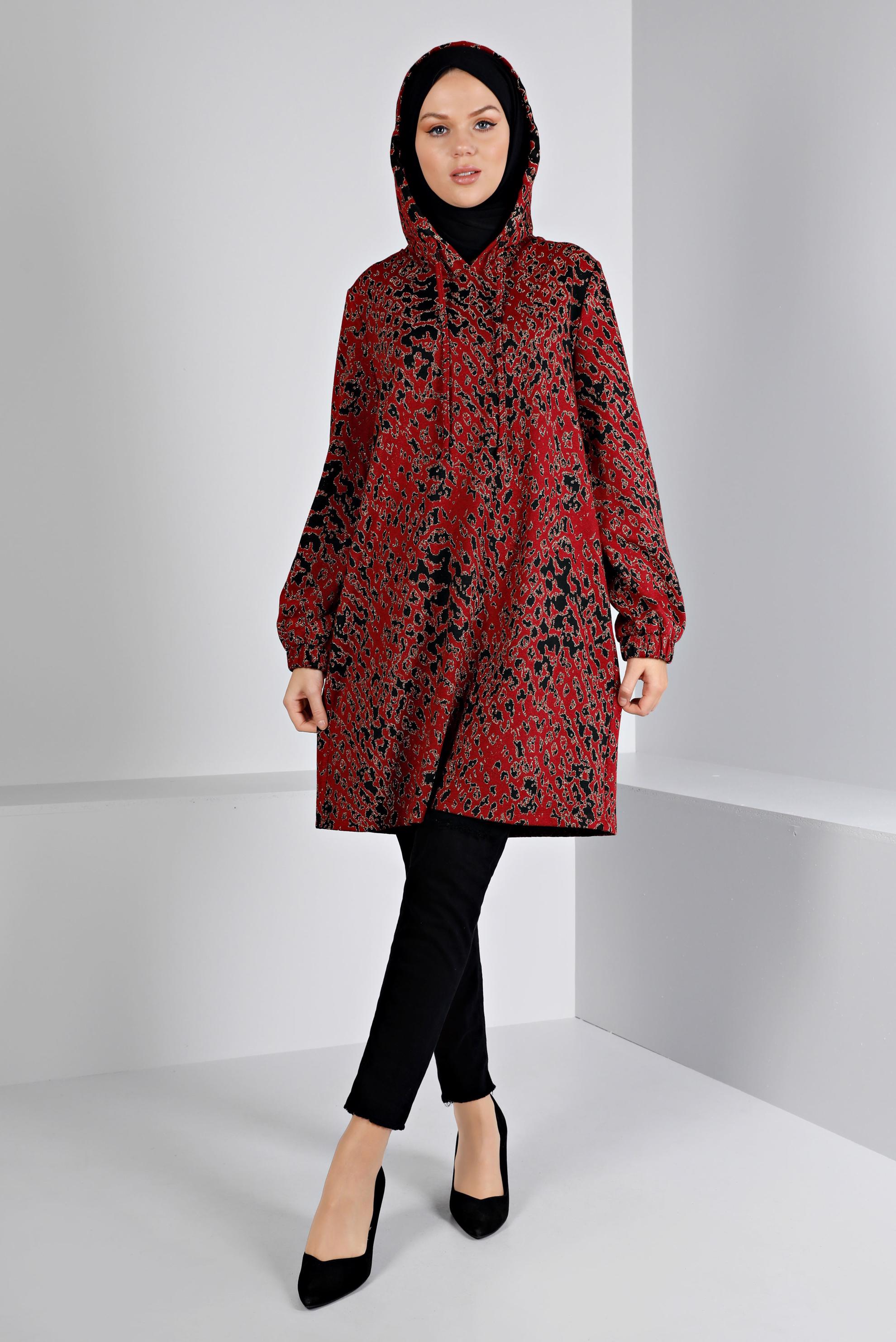 Tesettür giyim BORDO ETNİK DESENLİ TRİKO TUNİK 43391-1 