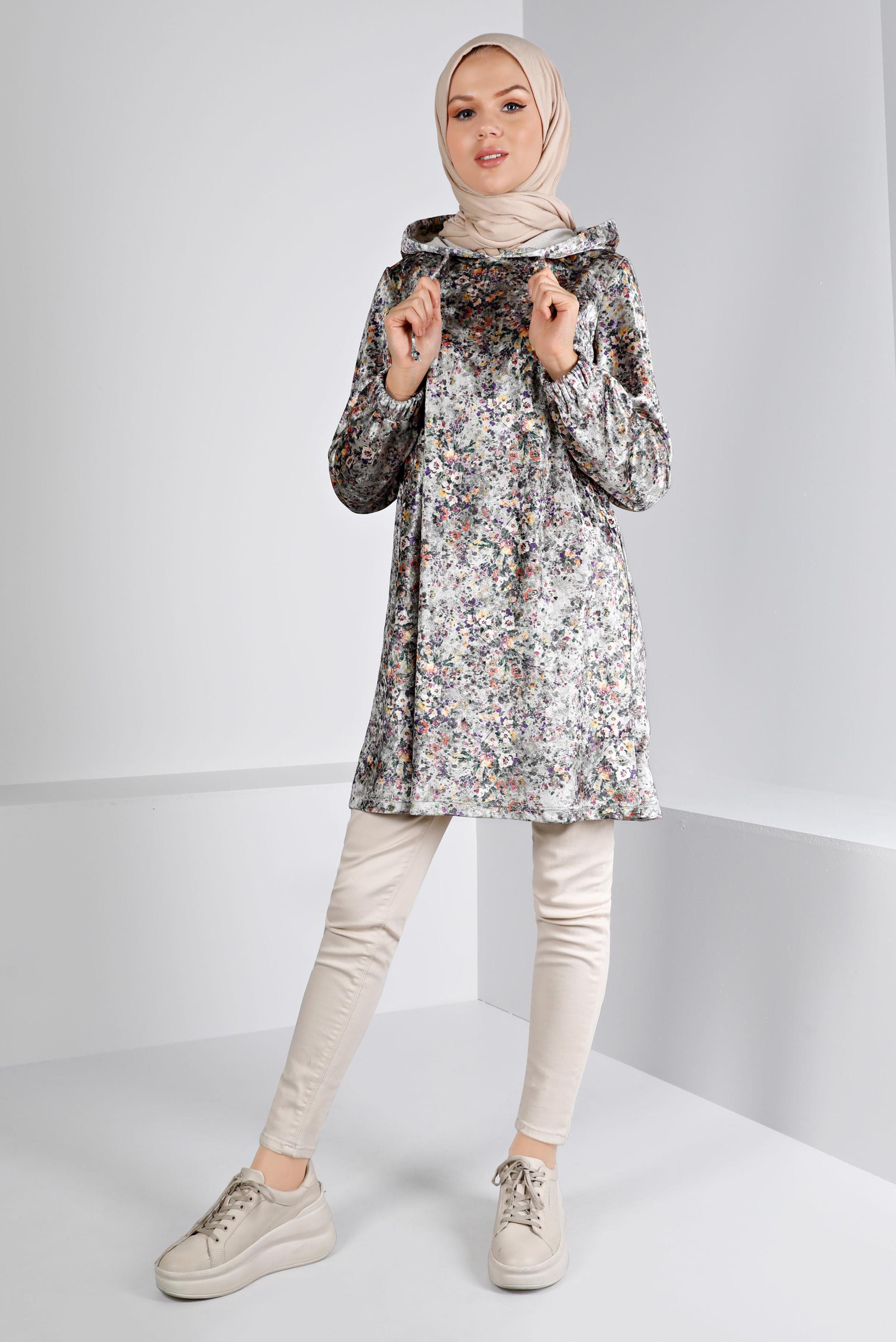Tesettür giyim GRİ ÇİÇEK DESENLİ KADİFE TUNİK 43392 
