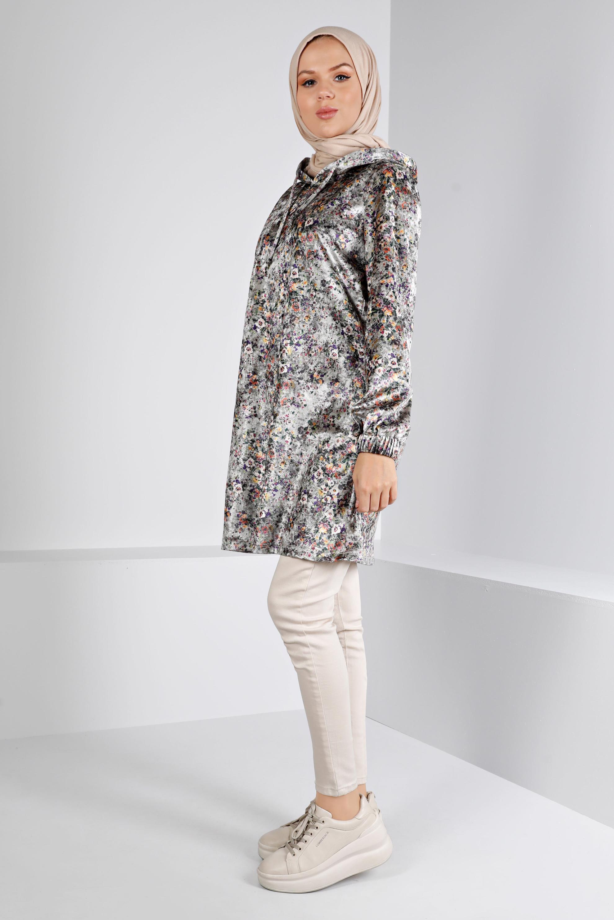 Tesettür giyim GRİ ÇİÇEK DESENLİ KADİFE TUNİK 43392 