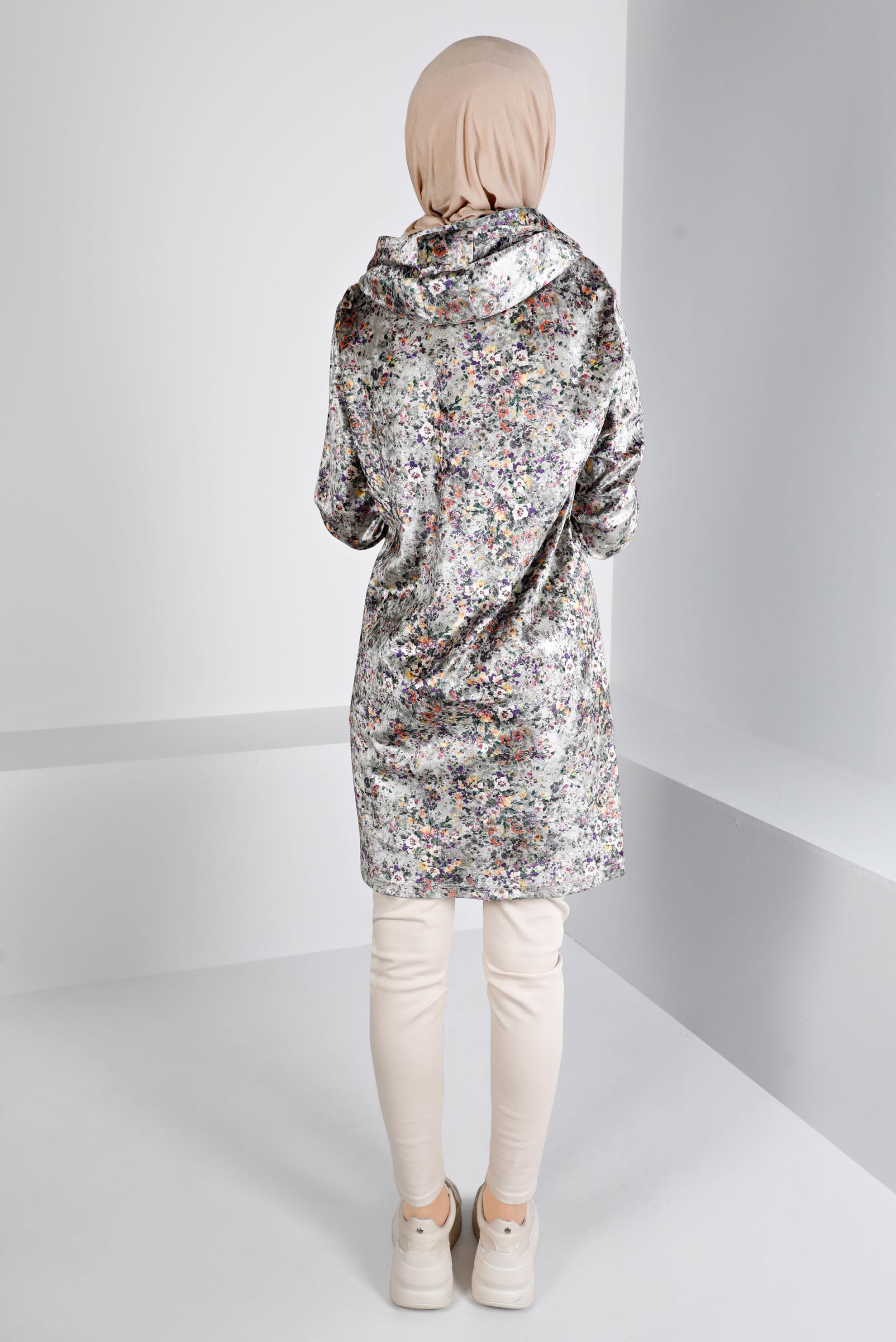 Tesettür giyim GRİ ÇİÇEK DESENLİ KADİFE TUNİK 43392 