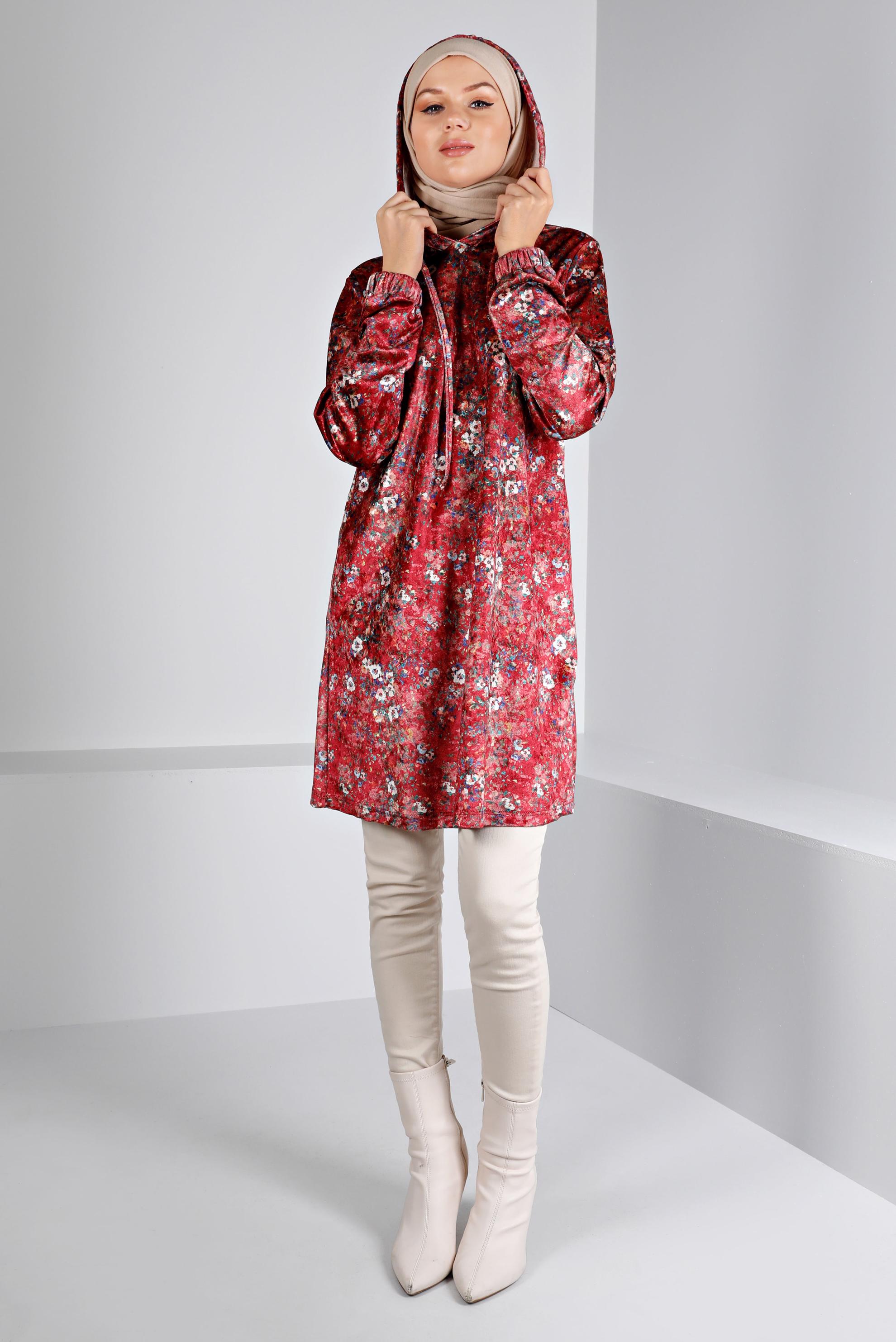 Tesettür giyim BORDO ÇİÇEK DESENLİ KADİFE TUNİK 43392 