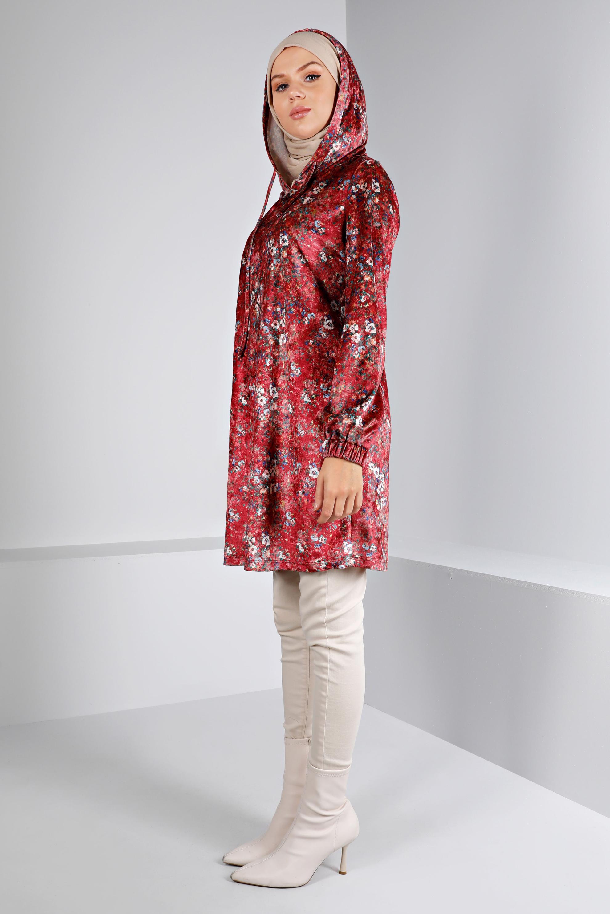 Tesettür giyim BORDO ÇİÇEK DESENLİ KADİFE TUNİK 43392 