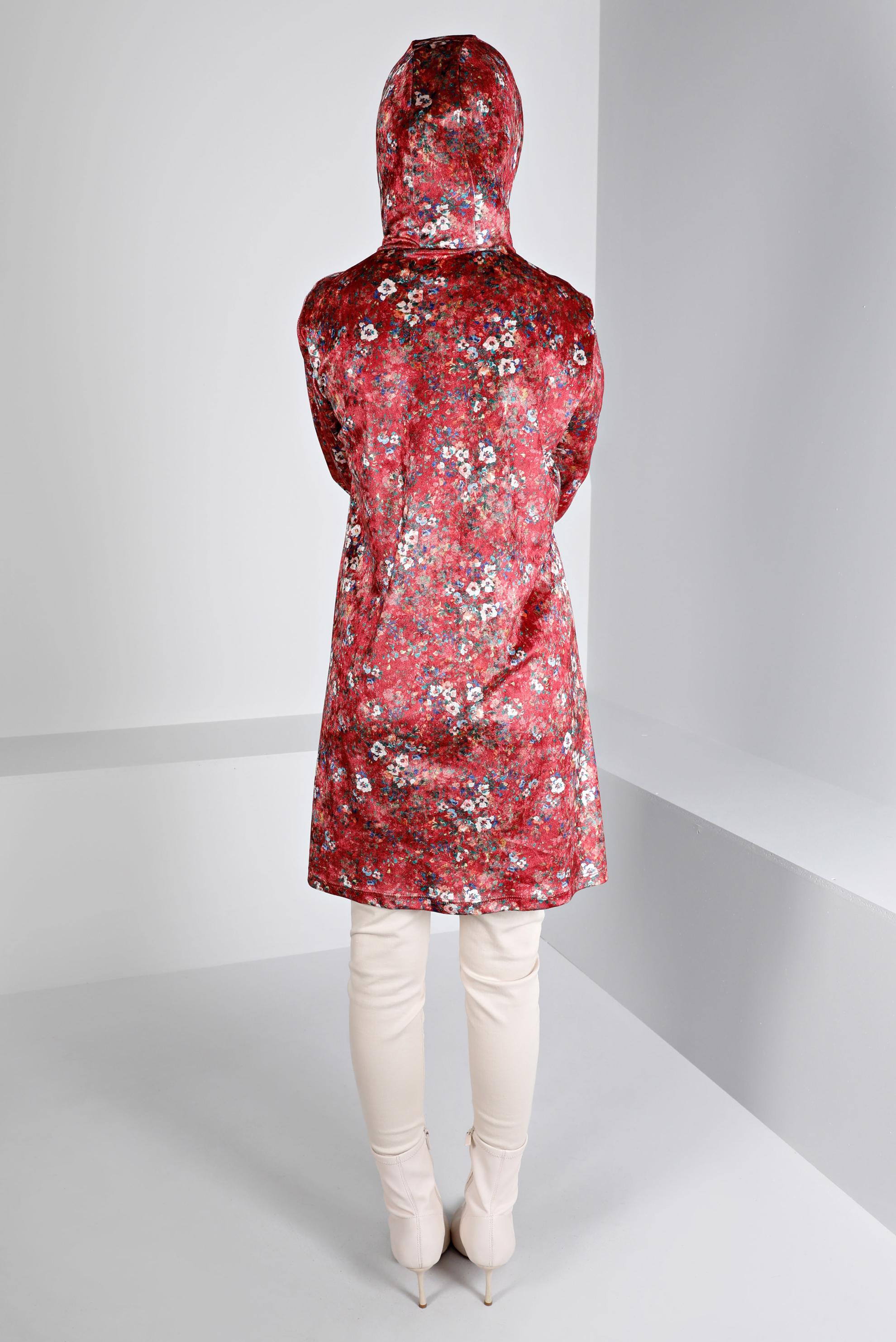 Tesettür giyim BORDO ÇİÇEK DESENLİ KADİFE TUNİK 43392 