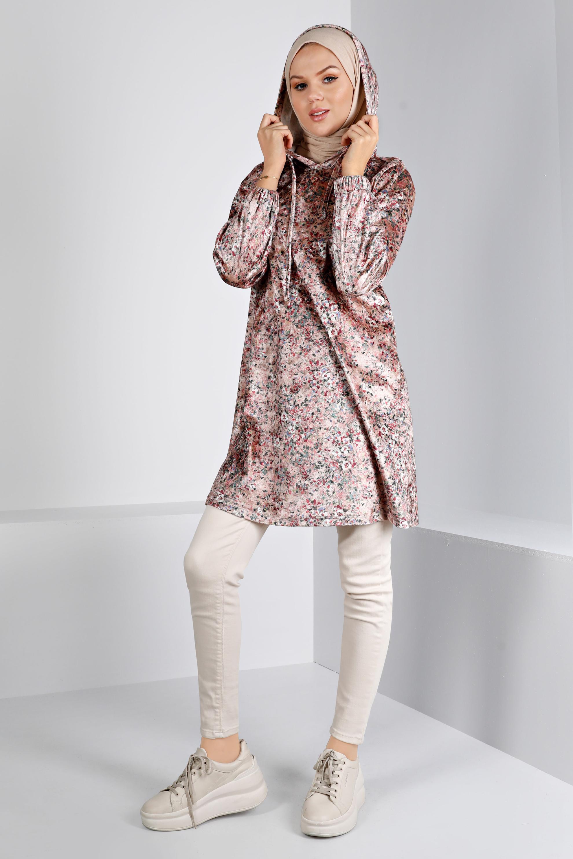 Tesettür giyim PUDRA ÇİÇEK DESENLİ KADİFE TUNİK 43392 