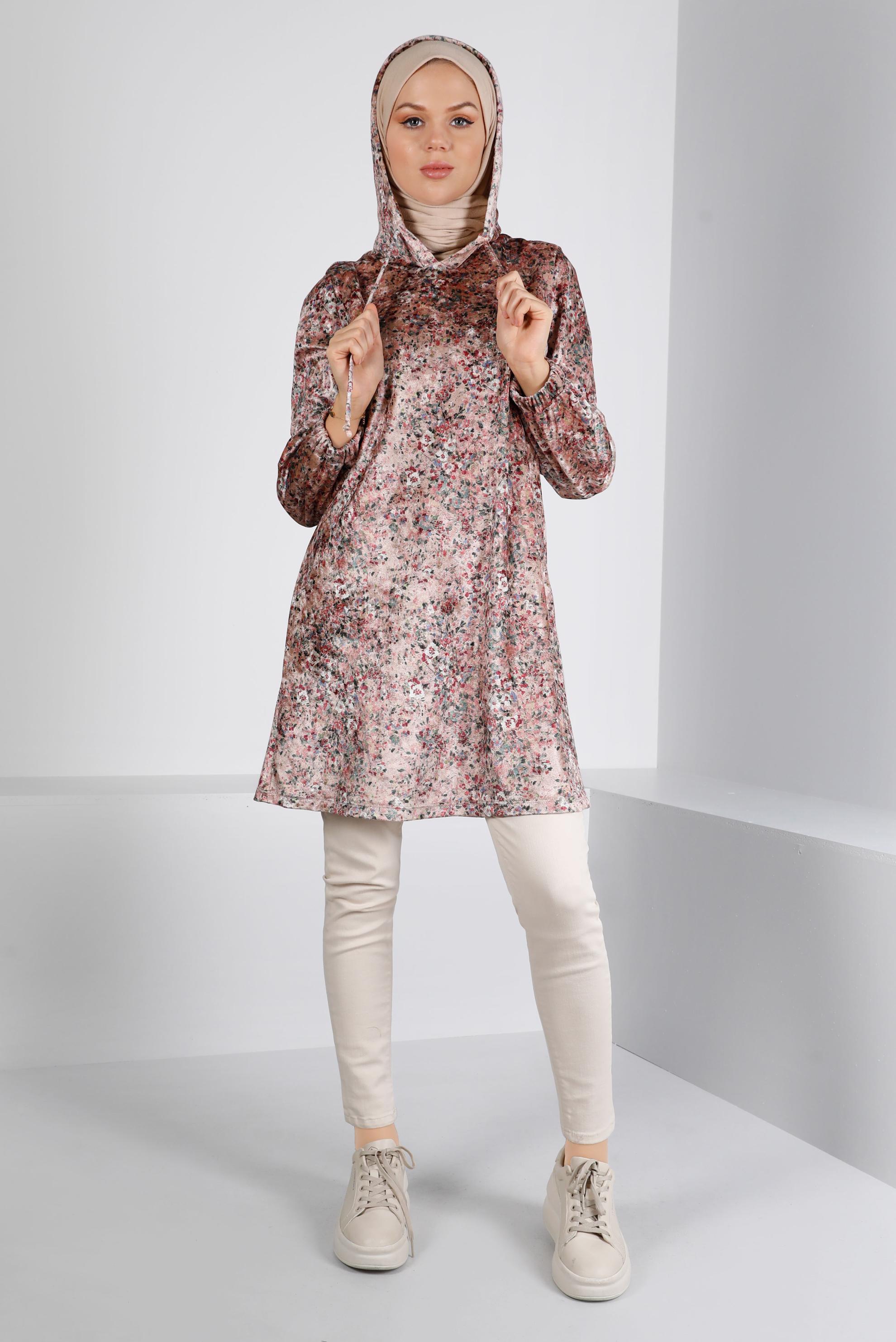 Tesettür giyim PUDRA ÇİÇEK DESENLİ KADİFE TUNİK 43392 