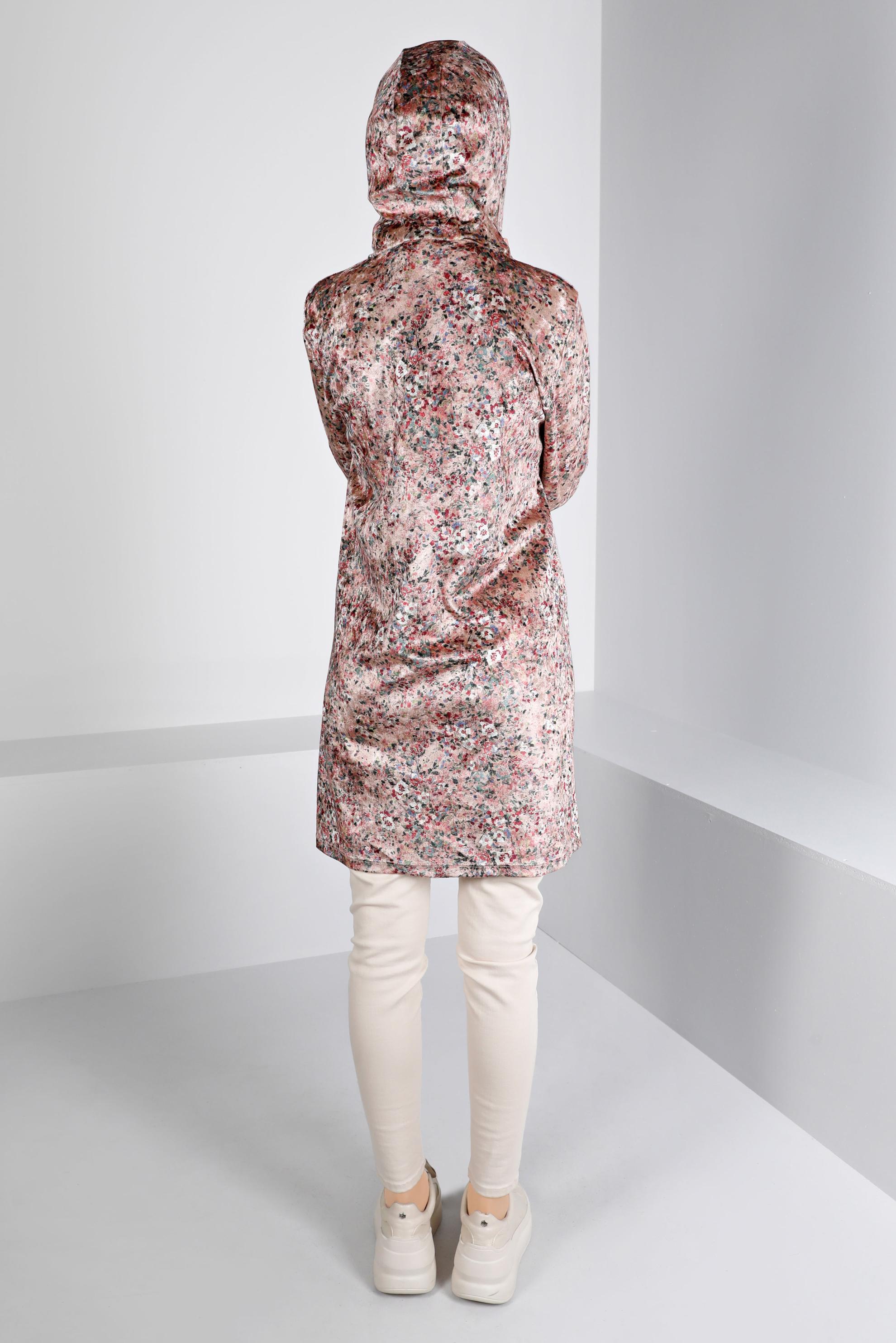 Tesettür giyim PUDRA ÇİÇEK DESENLİ KADİFE TUNİK 43392 