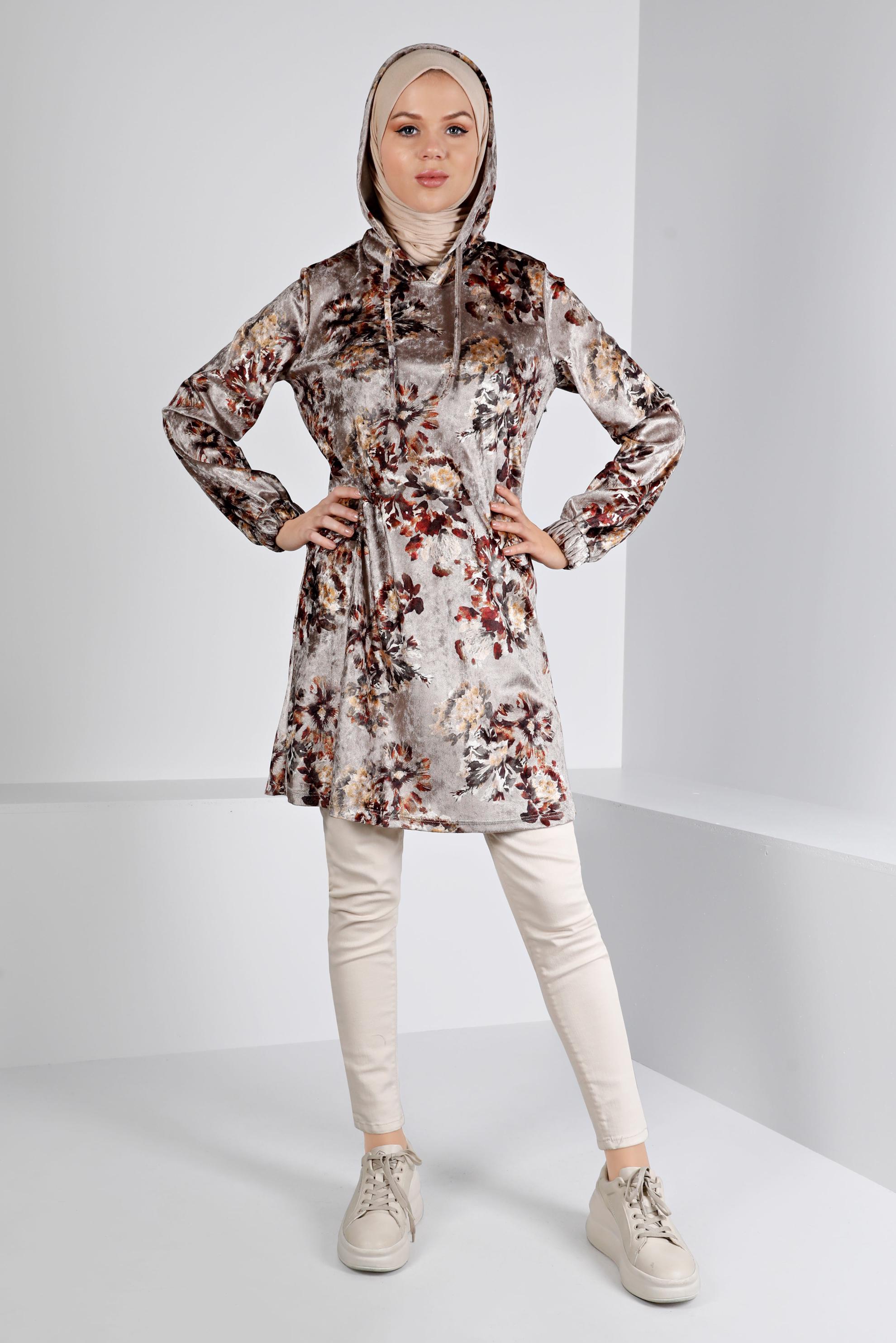 Tesettür giyim VİZON KAPÜŞONLU ÇİÇEKLİ KADİFE TUNİK 43392-1 