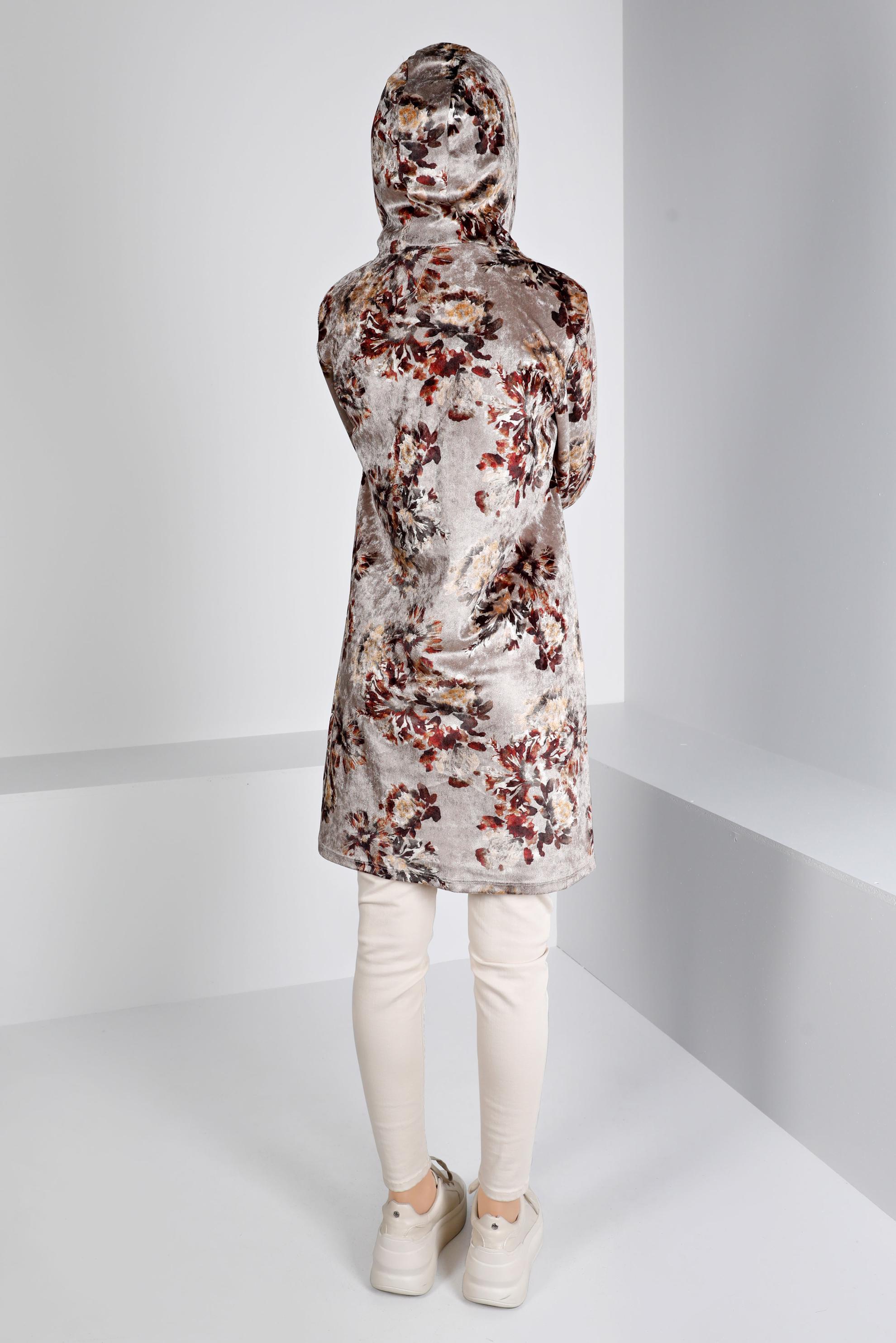 Tesettür giyim VİZON KAPÜŞONLU ÇİÇEKLİ KADİFE TUNİK 43392-1 