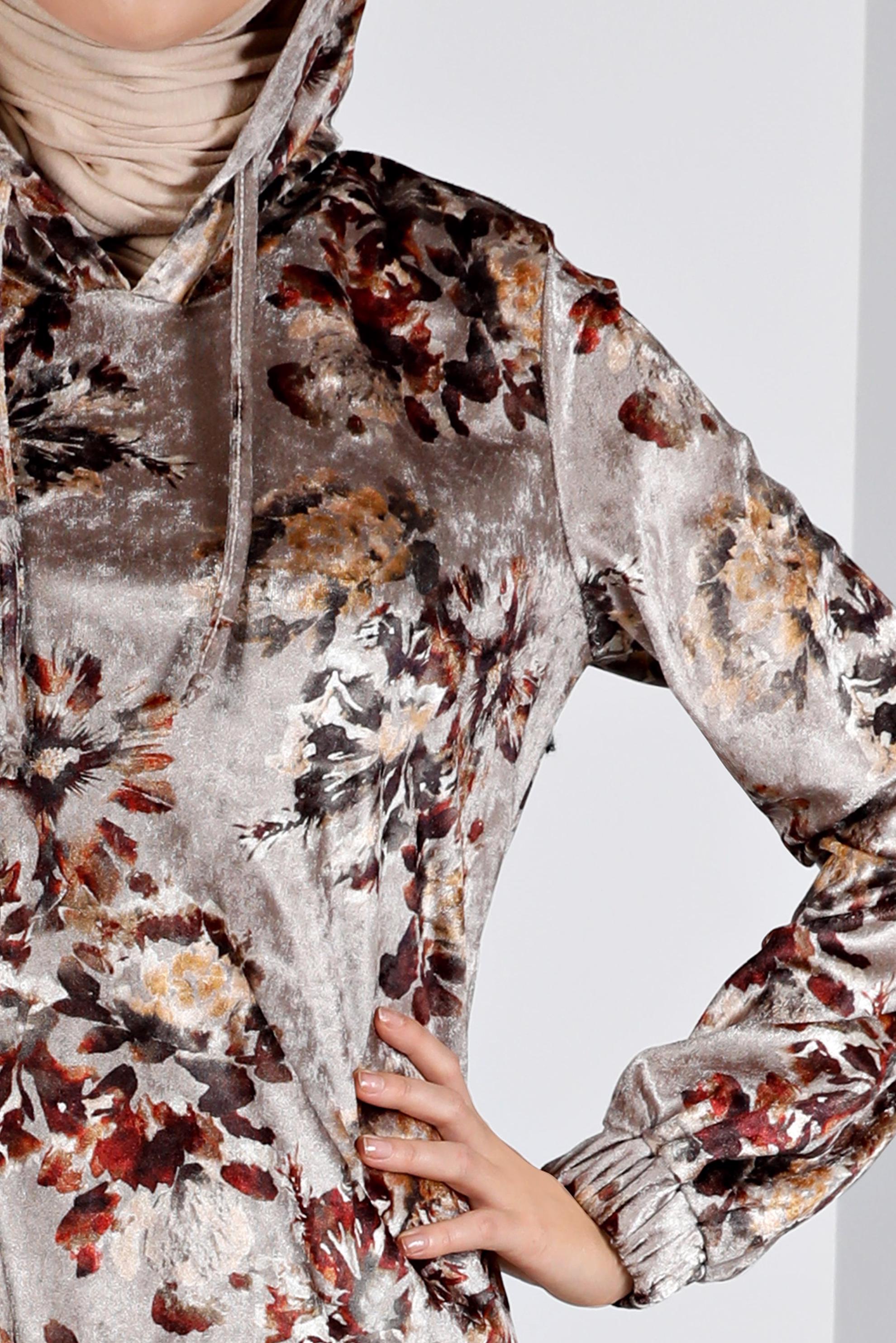 Tesettür giyim VİZON KAPÜŞONLU ÇİÇEKLİ KADİFE TUNİK 43392-1 