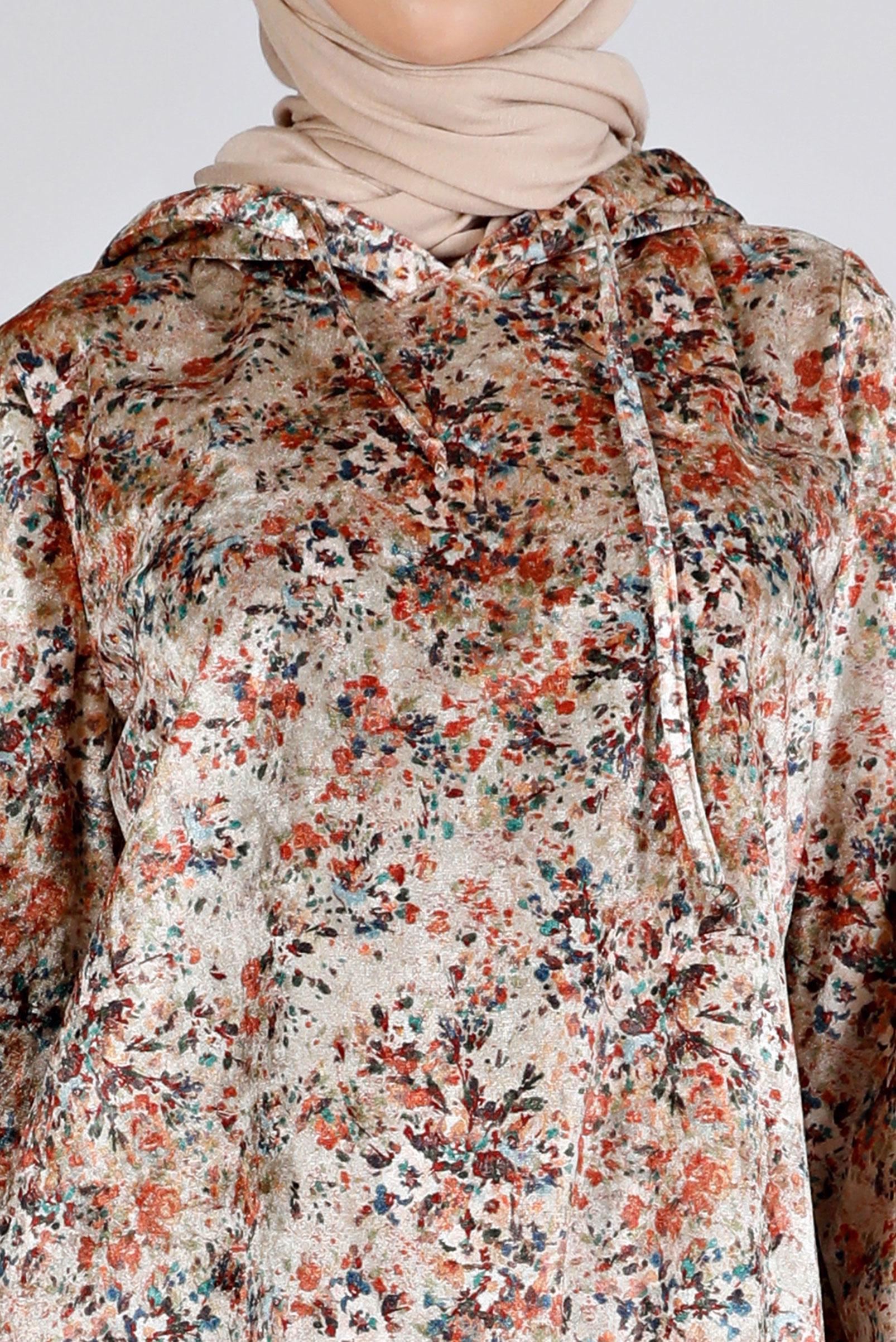 Tesettür giyim BEJ ÇİÇEK DESENLİ KADİFE TUNİK 43392 