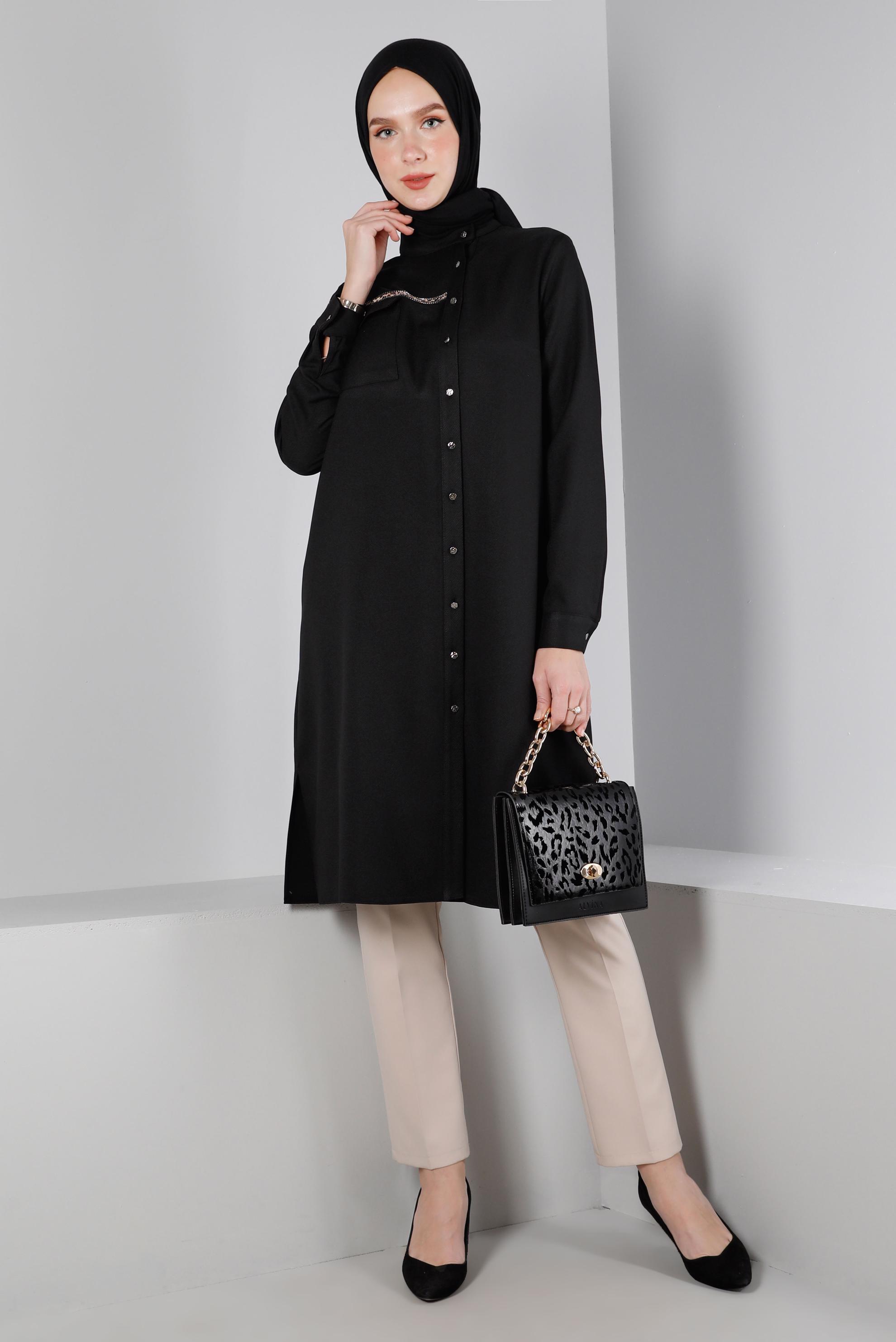 Tesettür giyim SİYAH LEOPAR DESEN DETAYLI DÜĞMELİ TUNİK 43393