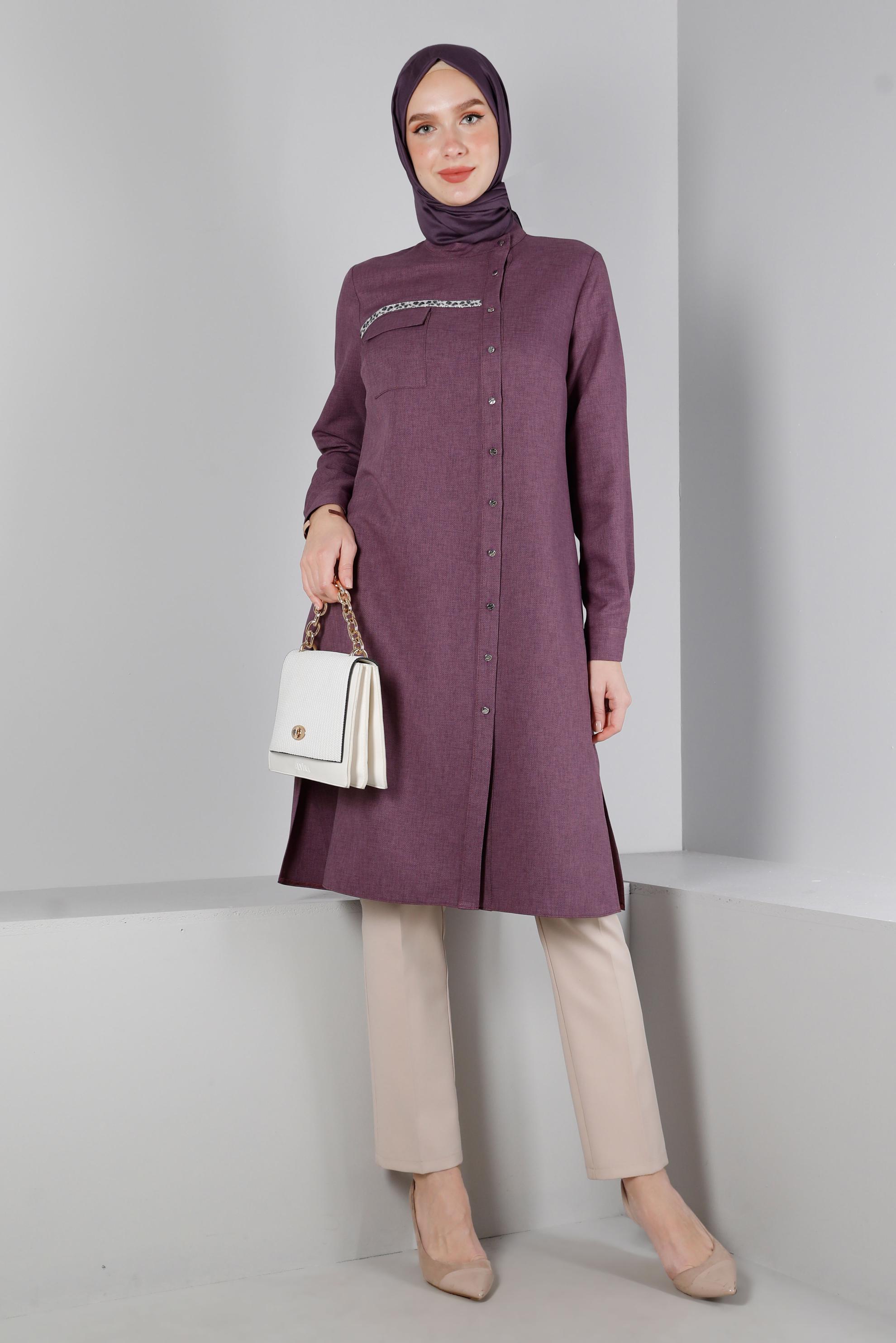 Tesettür giyim MOR LEOPAR DESEN DETAYLI DÜĞMELİ TUNİK 43393