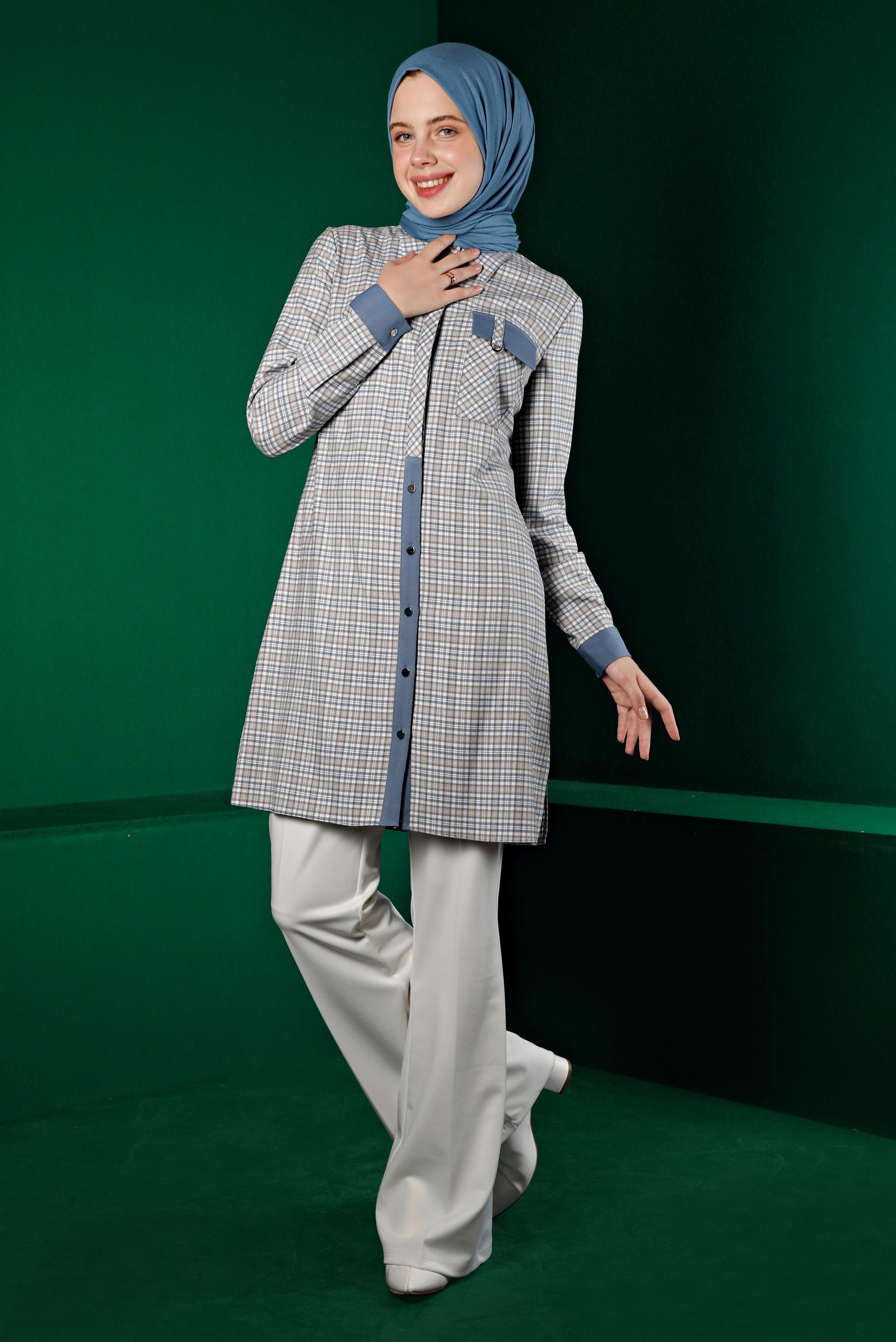 Tesettür giyim MAVİ EKOSE DÜĞMELİ TUNİK 43395 