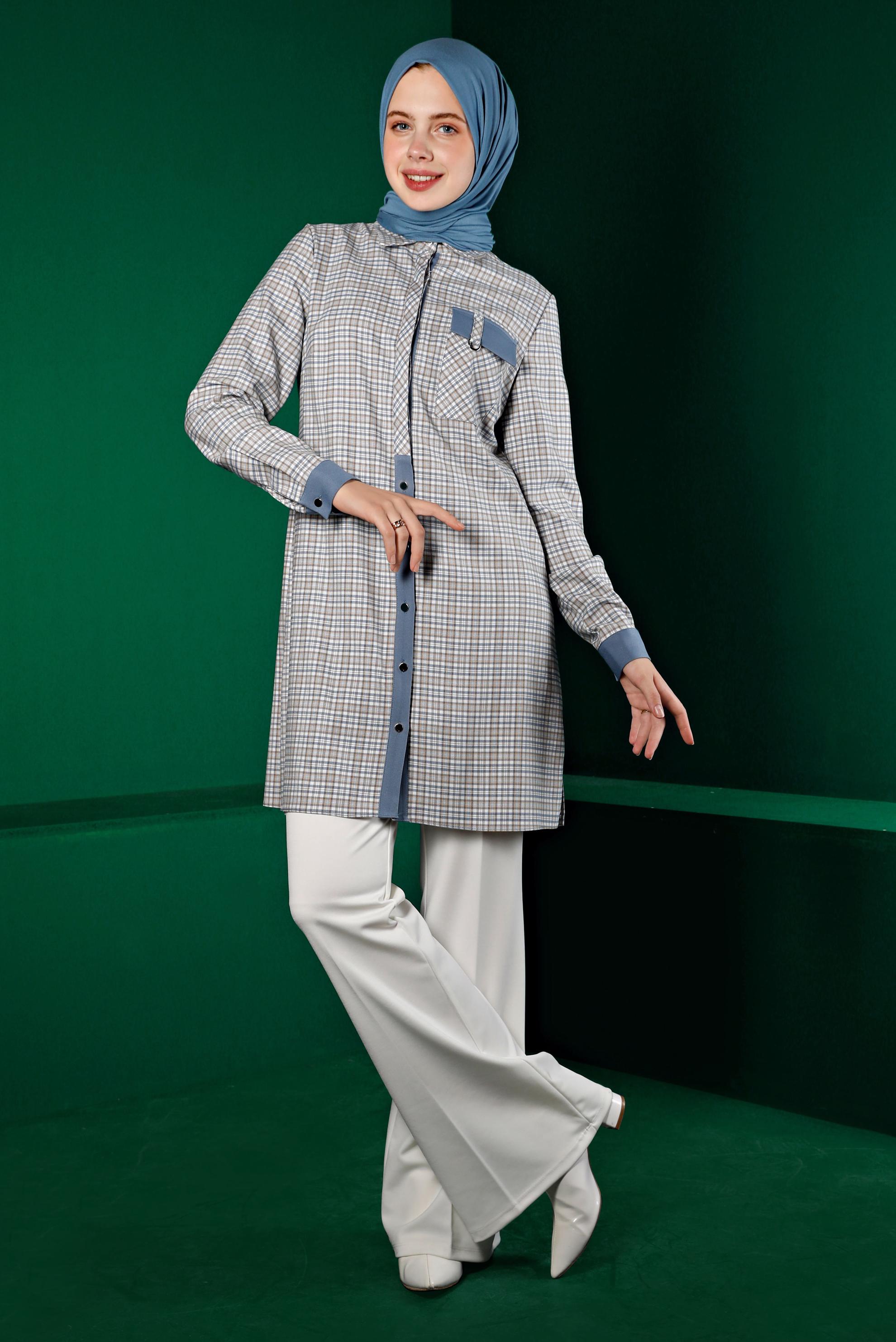 Tesettür giyim MAVİ EKOSE DÜĞMELİ TUNİK 43395 