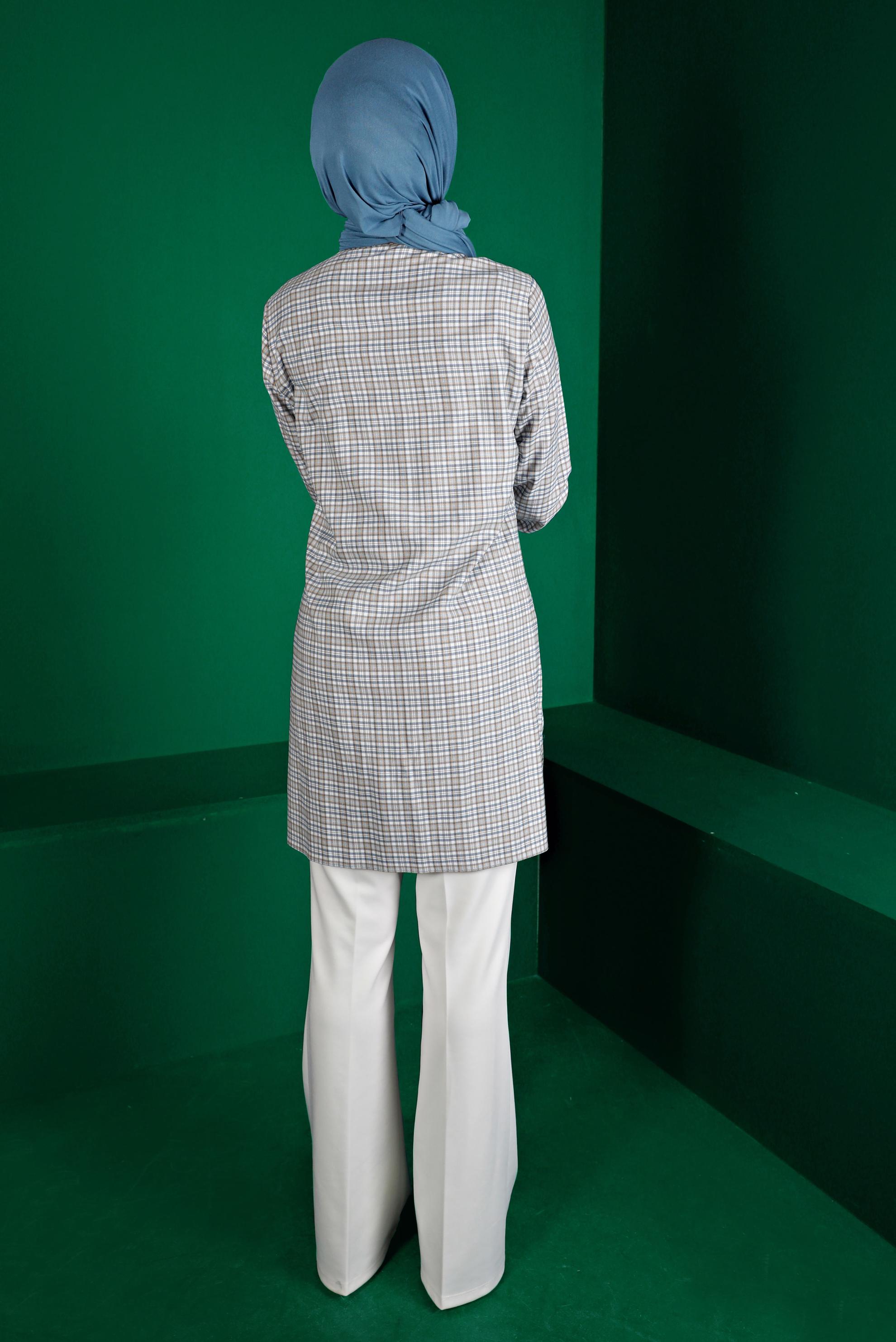 Tesettür giyim MAVİ EKOSE DÜĞMELİ TUNİK 43395 