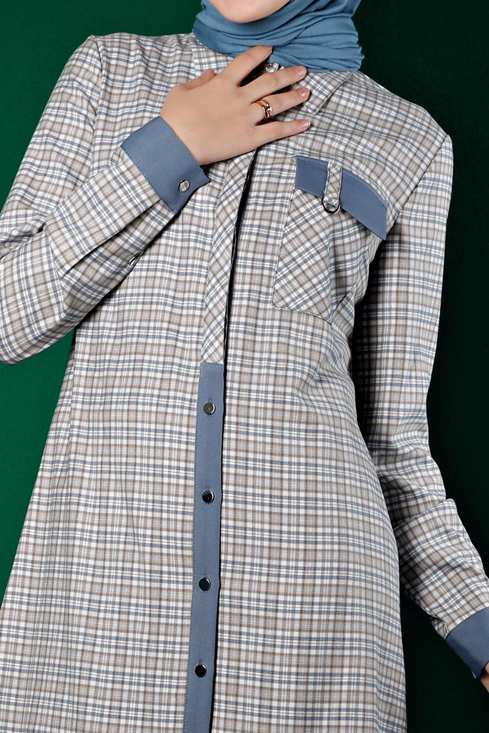 Tesettür giyim MAVİ EKOSE DÜĞMELİ TUNİK 43395 