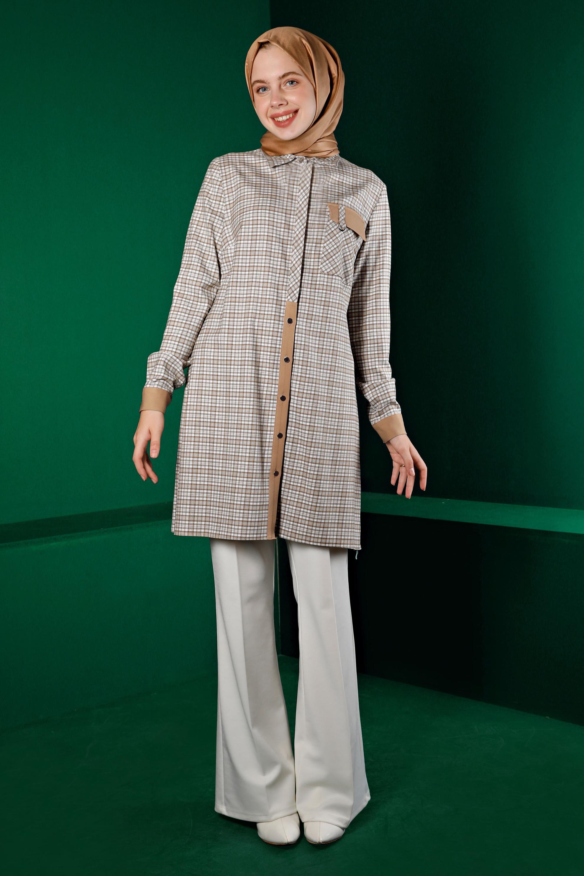 Tesettür giyim SARI EKOSE DÜĞMELİ TUNİK 43395 