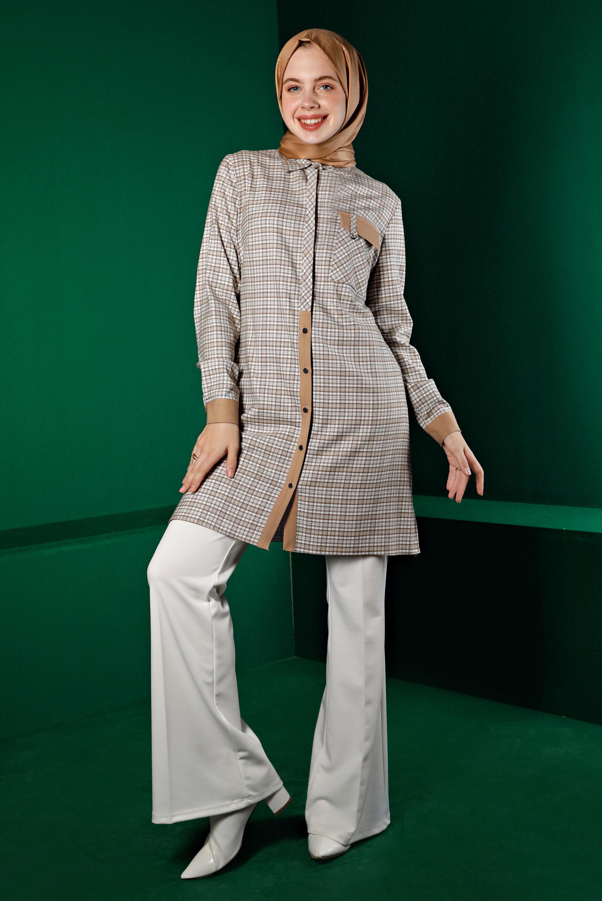 Tesettür giyim SARI EKOSE DÜĞMELİ TUNİK 43395 