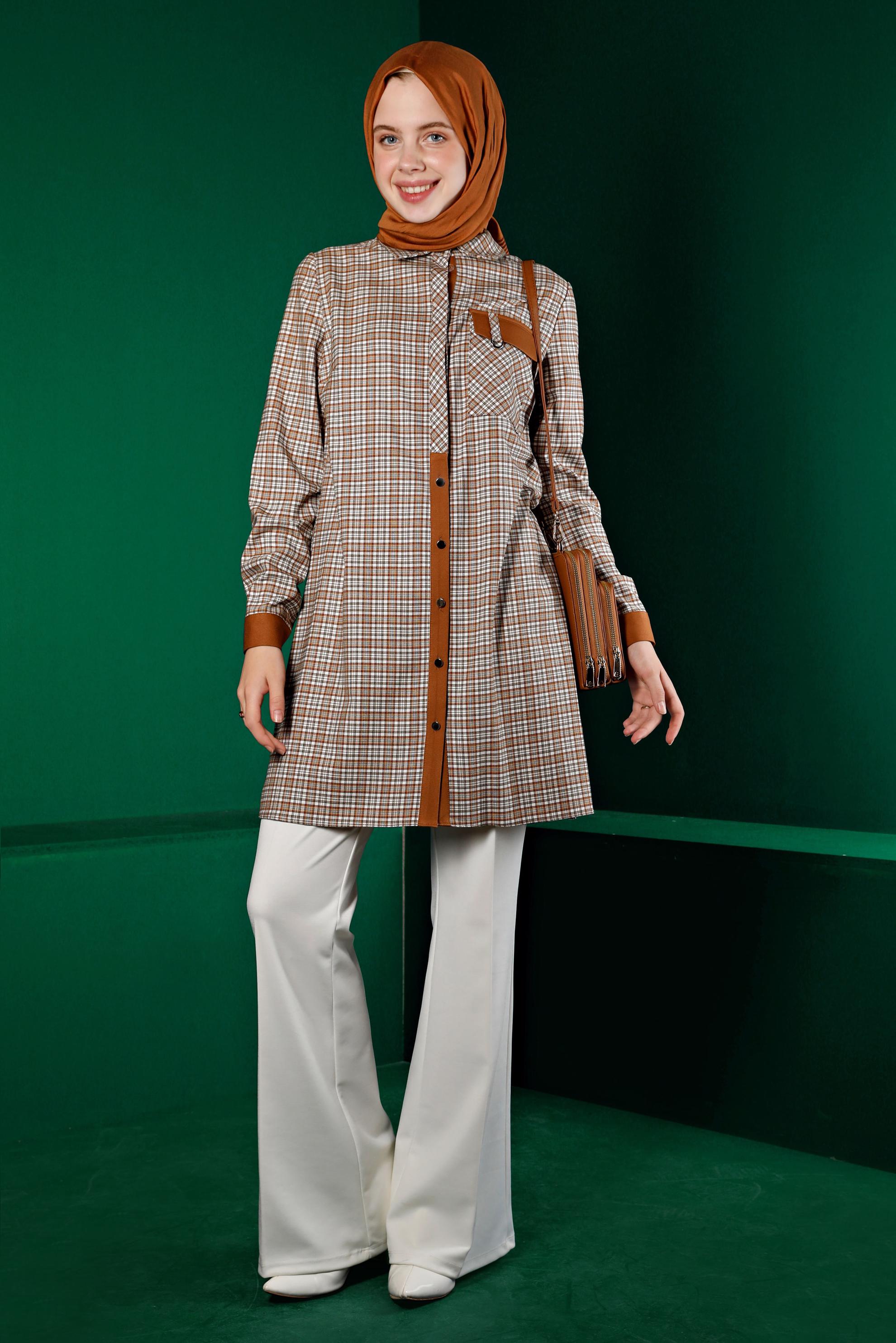 Tesettür giyim TURUNCU EKOSE DÜĞMELİ TUNİK 43395 