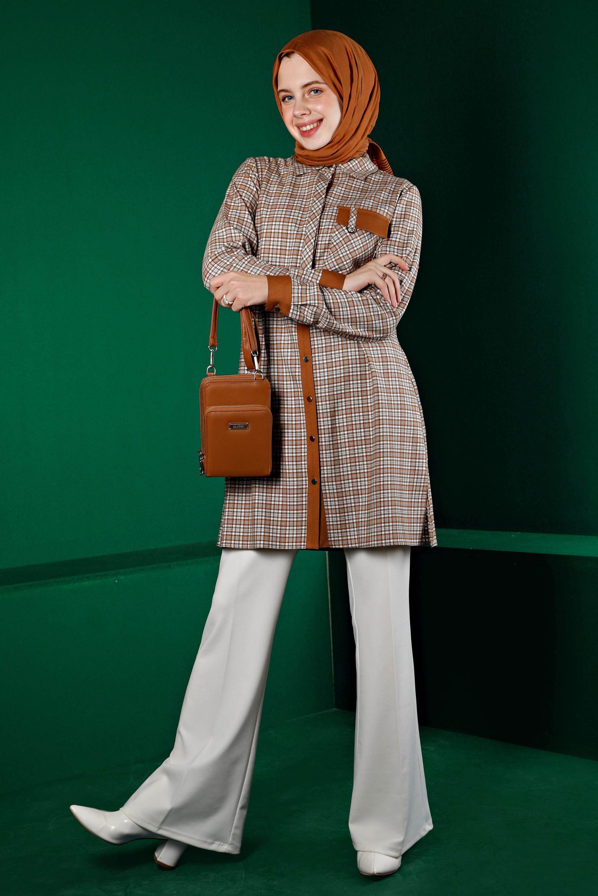 Tesettür giyim TURUNCU EKOSE DÜĞMELİ TUNİK 43395 