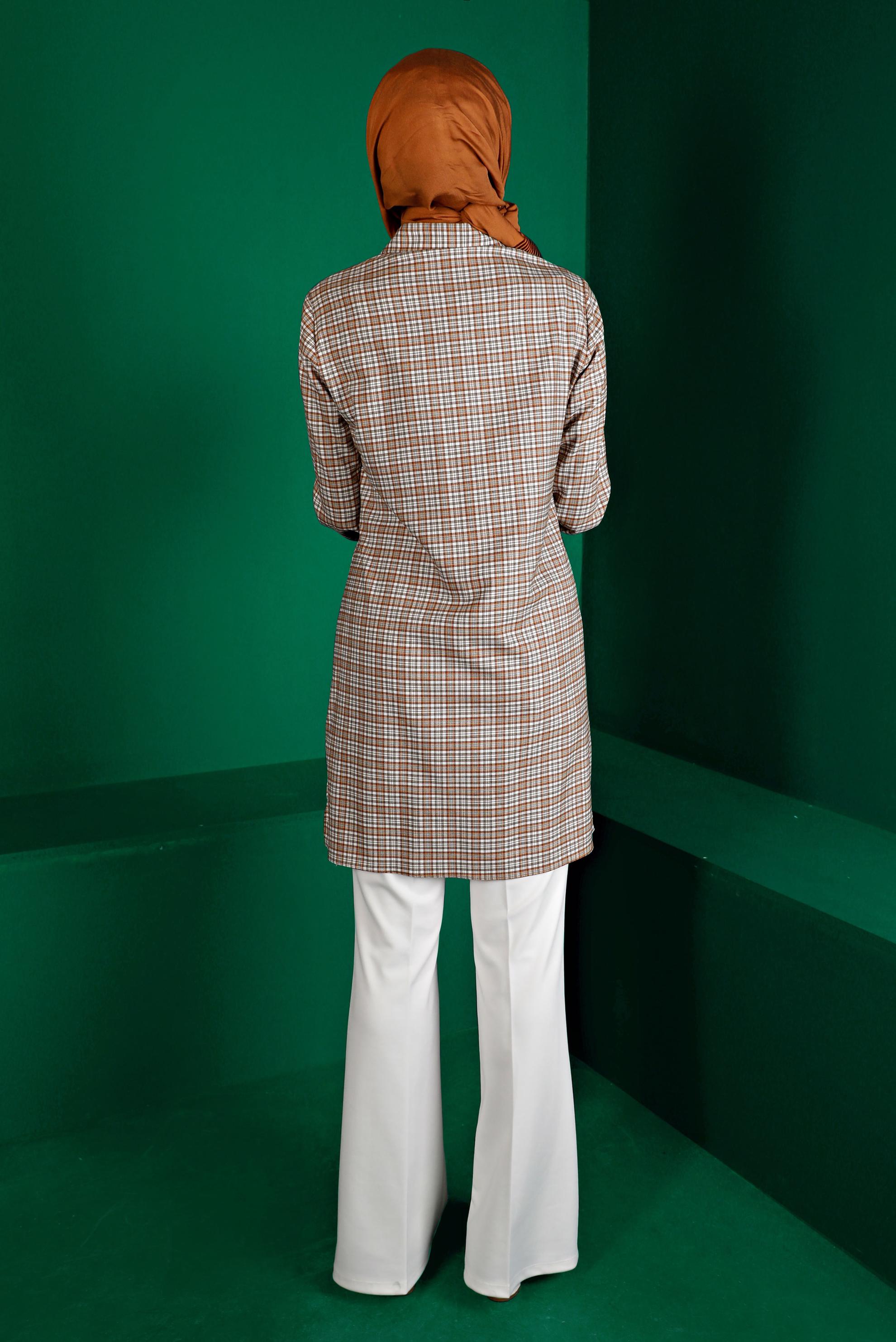 Tesettür giyim TURUNCU EKOSE DÜĞMELİ TUNİK 43395 