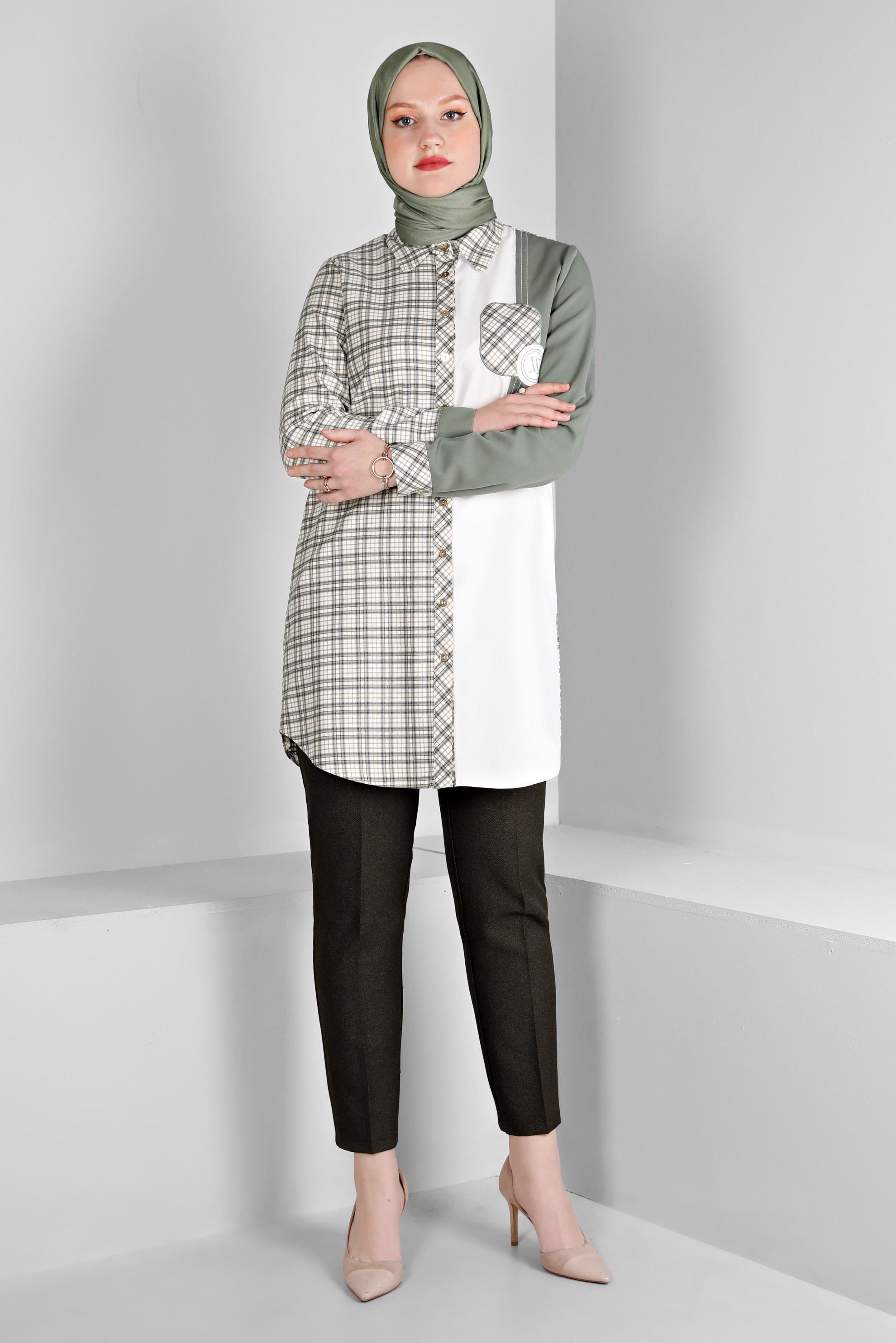 Vêtements hijab VERT TUNIQUE DOUBLE COULEUR MOTIF CARREAUX 43396
