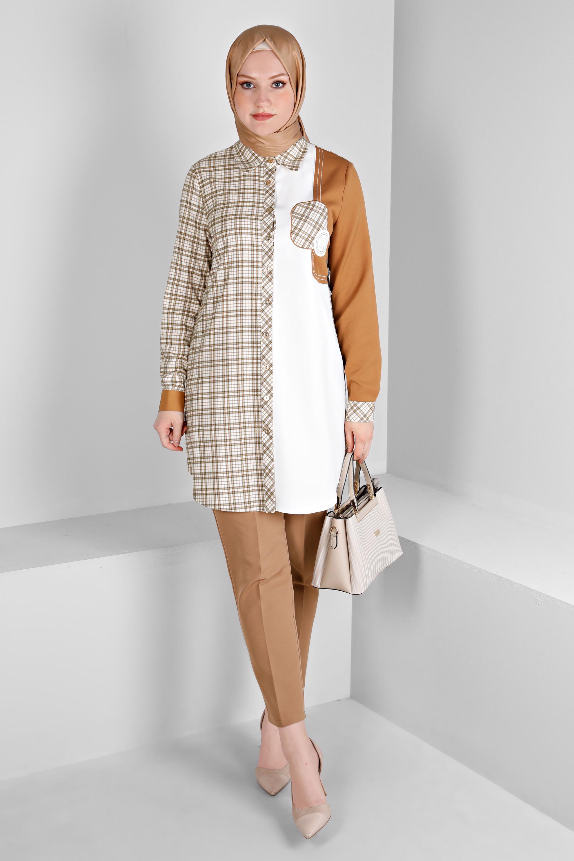 Vêtements hijab ORANGE TUNIQUE DOUBLE COULEUR MOTIF CARREAUX 43396